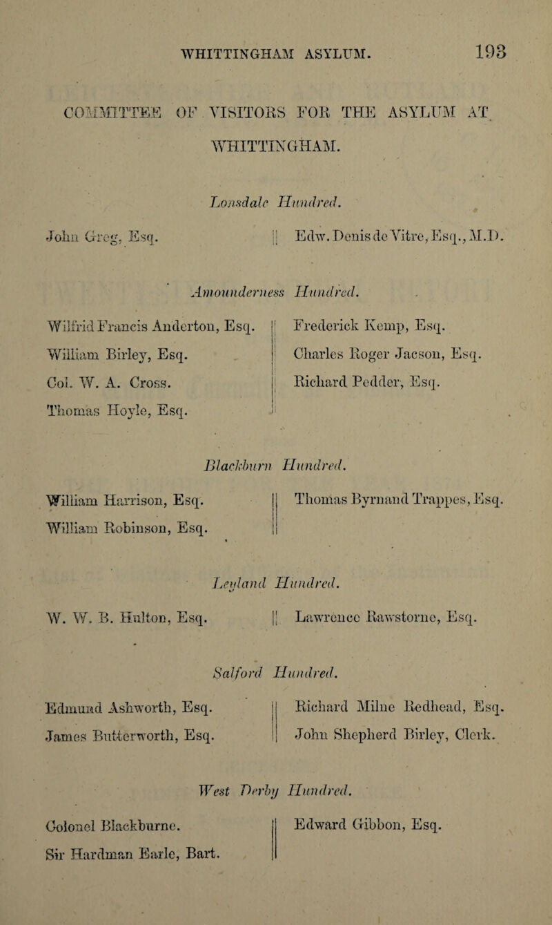 COMMITTEE OF VISITORS FOR THE ASYLUM AT WHITTINGHAM. Lonsdale Hundred. Joliii Greg, Esq. E thv. Denis de Yitre, E s q., M .1). A man n derness Hand > •cd. Wilfrid Francis Anderton, Esq. William Birley, Esq. Col. W. A. Cross. Thomas Hoyle, Esq. Frederick Kemp, Esq. Charles Roger Jacson, Esq. Richard Pedder, Esq. Blackb) i rn Hi i nd i %eil. William Harrison, Esq. William Robinson, Esq. Thomas Byrnand Trappes, Esq. Leidand Hundred. W. W. B. Hulton, Esq. [J Lawrence Raws tonic, Esq. Salford Hundred. Edmund Ashworth, Esq. James Butterworth, Esq. Richard Milne Redhead, Esq. John Shepherd Birley, Clerk. West Derby Hundred. Colonel Blackbnrne. Sir Hardman Earle, Bart. Edward Gibbon, Esq.