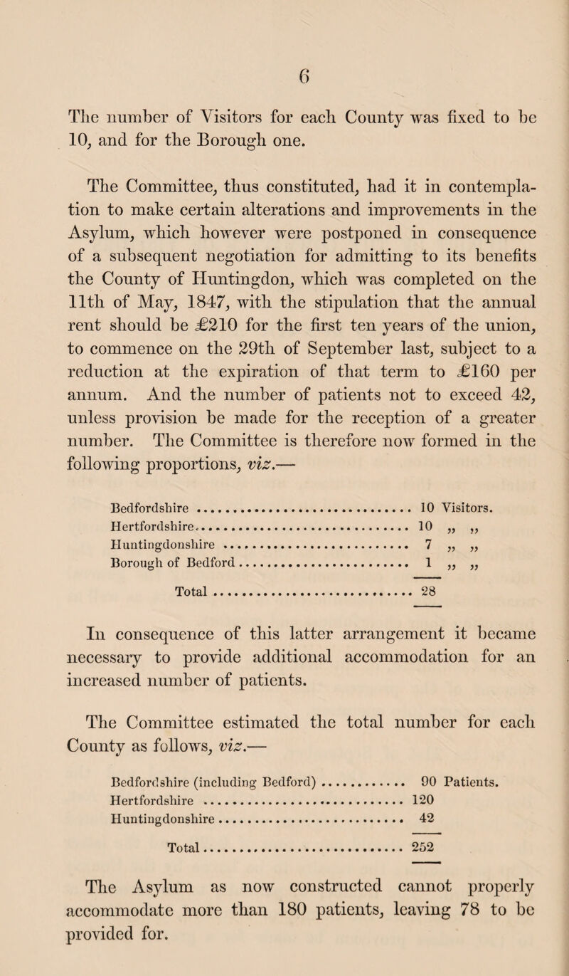 The number of Visitors for each County was fixed to be 10, and for the Borough one. The Committee, thus constituted, had it in contempla¬ tion to make certain alterations and improvements in the Asylum, which however were postponed in consequence of a subsequent negotiation for admitting to its benefits the County of Huntingdon, which was completed on the 11th of May, 1847, with the stipulation that the annual rent should be £210 for the first ten years of the union, to commence on the 29th of September last, subject to a reduction at the expiration of that term to £160 per annum. And the number of patients not to exceed 42, unless provision be made for the reception of a greater number. The Committee is therefore now formed in the following proportions, viz.— Bedfordshire.. Hertfordshire. Huntingdonshire .. Borough of Bedford Total. 28 In consequence of this latter arrangement it became necessary to provide additional accommodation for an increased number of patients. The Committee estimated the total number for each County as follows, viz.— 10 Visitors. 10 „ „ 7 „ „ 1 55 55 Bedfordshire (including Bedford). 90 Patients. Hertfordshire . 120 Huntingdonshire. 42 Total. 252 The Asylum as now constructed cannot properly accommodate more than 180 patients, leaving 78 to be provided for.
