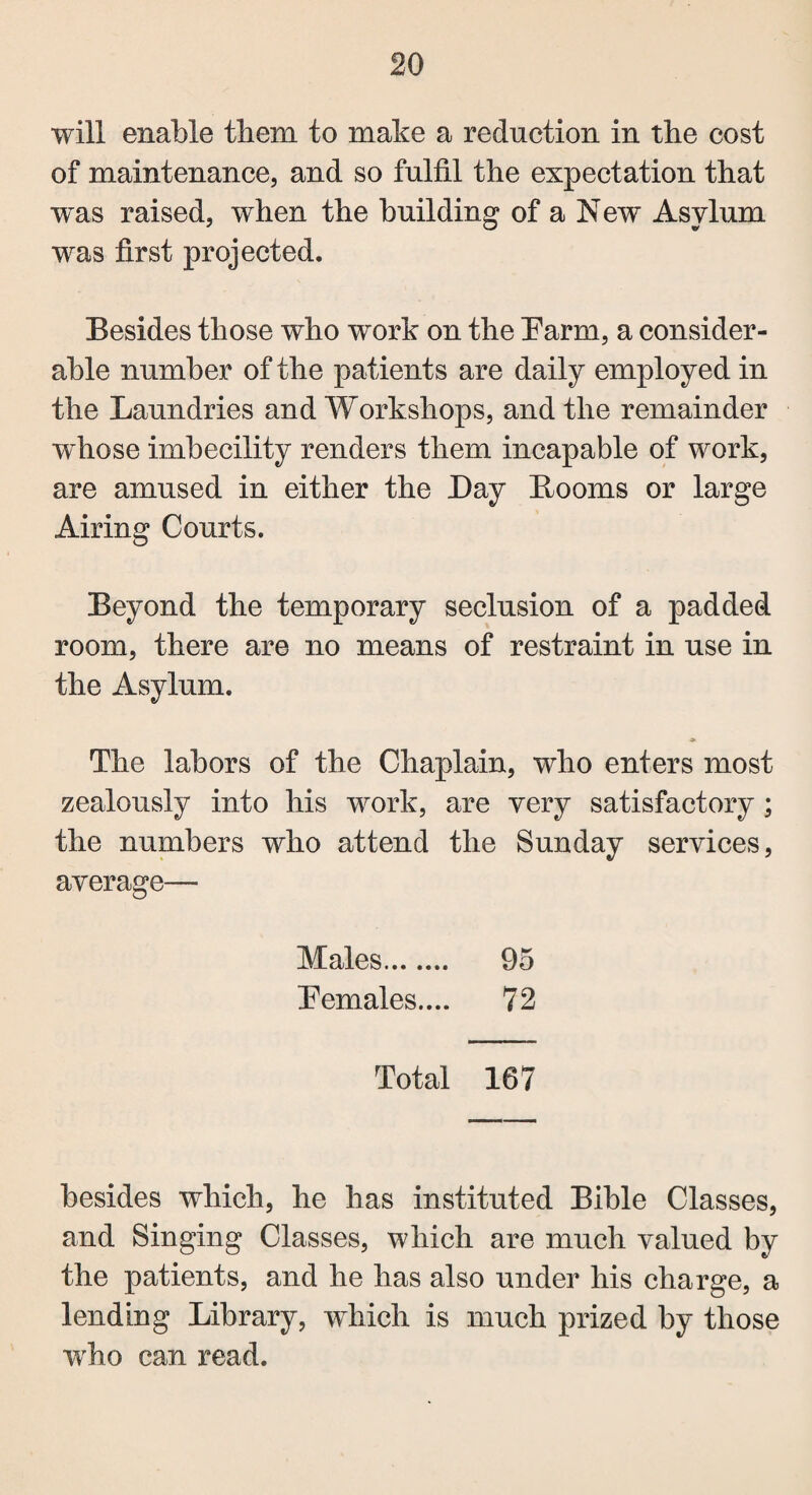 will enable tliem to make a reduction in tbe cost of maintenance, and so fulfil the expectation that •was raised, when the building of a New Asylum was first projected. Besides those who work on the Earm, a consider¬ able number of the patients are daily employed in the Laundries and Workshops, and the remainder whose imbecility renders them incapable of work, are amused in either the Day Booms or large Airing Courts. Beyond the temporary seclusion of a padded room, there are no means of restraint in use in the Asylum. The labors of the Chaplain, who enters most zealously into his work, are very satisfactory ; the numbers who attend the Sunday services, average— Males. 95 Eemales.... 72 Total 167 besides which, he has instituted Bible Classes, and Singing Classes, which are much valued by the patients, and he has also under his charge, a lending Library, which is much prized by those wrho can read.