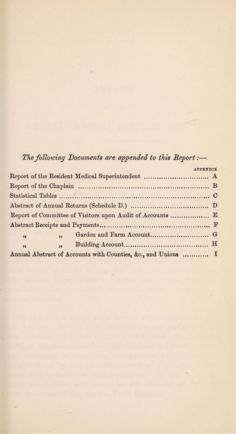 The following Documents are appended to this Report APPENDIX Report of tlie Resident Medical Superintendent . A Report of the Chaplain ... R Statistical Tables. C Abstract of Annual Returns (Schedule D.) . D Report of Committee of Visitors upon Audit of Accounts ... E Abstract Receipts and Payments...... E „ „ Garden and Farm Account. G „ „ Building Account.. H
