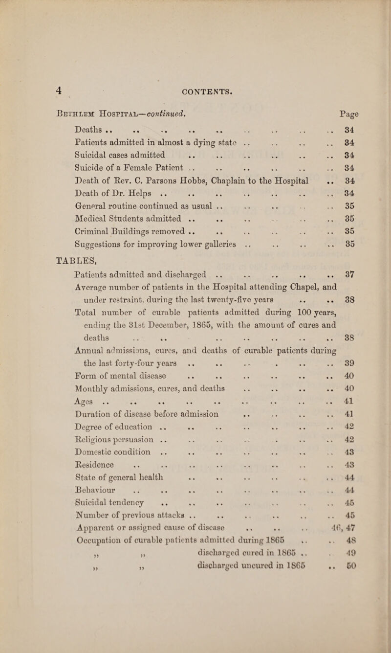 Bexhlem Hospital—continued. Page o Deaths .. ., .. .. .. .. .. .. .. 34 Patients admitted in almost a dying state .. .. .. .. 34 Suicidal cases admitted .. .. .. .. .. ..34 Suicide of a Female Patient ,. ,. .. .. .. .. 34 Death of Kev. C. Parsons Hobbs, Chaplain to the Hospital .. 34 Death of Dr. Helps .. .. .. .. .. .. .. 34 General routine continued as usual .. .. .. .. .. 35 Medical Students admitted .. .. .. .. ., 35 Criminal Buildings removed .. .. ,. .. .. .. 35 Suggestions for improving lower galleries .. .. .. ..35 TABLES, Patients admitted and dischai'ged .. .. .. ..37 Average number of patients in the Hospital attending Chapel, and under restraint, during the last twenty-five years Total number of curable patients admitted during 100 years, ending the 31st December, 1865, with the amount of cures and deaths Annual admissions, cures, and deaths of curable patients during the last forty-four years Form of mental disease Monthly admissions, cures, and deaths -A-ges .. .. .. .. .. .. ** .. .. 38 38 39 4D 40 41 Duration of disease before admission .. .. .. .. 41 Degree of education .. .. .. .. .. .. .. 42 Religious persuasion .. .. .. .. . .. .. 42 Domestic condition .. .. .. .. .. ,. .. 43 Residence .. .. .. .. .. .. .. .. 43 State of general health .. .. .. .. .. ., 44 Behaviour .. .. .. .. .. .. .. .. 4-4 Suicidal tendency .. .. .. .. ., ., .. 45 Number of previous attacks .. .. .. .. .. ..45 Apparent or assigned cause of disease .. .. .. 46, 47 Occupation of curable patients admitted during 1865 .. .. 48 „ ,, diseharged cured in 1865 .. . 40 ,, ,, discharged unciuod in 1865 50
