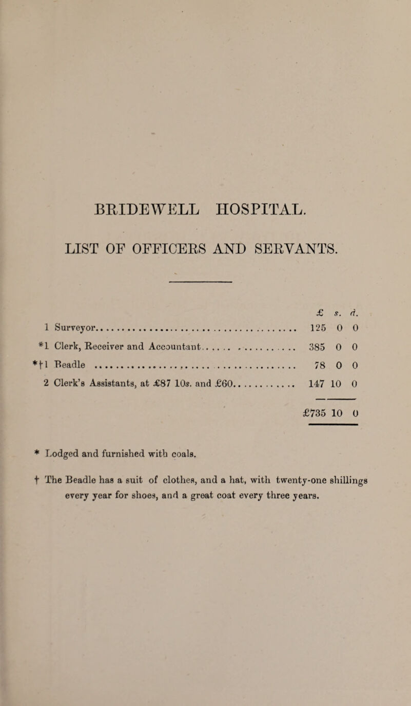 LIST OF OFFICERS AND SERVANTS. £ s. d. 1 Surveyor. 125 0 0 *1 Clerk, Receiver and Accountant. 385 0 0 *fl Beadle . 78 0 0 2 Clerk’s Assistants, at £87 10s, and £60. 147 10 0 £735 10 0 * Lodged and furnished with coals. t The Beadle has a suit of clothes, and a hat, with twenty-one shilling every year for shoes, and a great coat every three years.