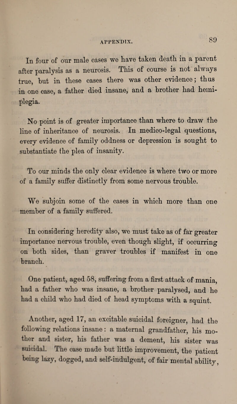 In four of our male eases we have taken death, in a parent after paralysis as a neurosis. This of course is not always true, hut in these cases there was other evidence; thus in one case, a father died insane, and a brother had hemi¬ plegia. No point is of greater importance than where to draw the line of inheritance of neurosis. In medico-legal questions, every evidence of family oddness or depression is sought to substantiate the plea of insanity. To our minds the only clear evidence is where two or more of a family suffer distinctly from some nervous trouble. We subjoin some of the cases in which more than one member of a family suffered. In considering heredity also, we must take as of far greater importance nervous trouble, even though slight, if occurring on both sides, than graver troubles if manifest in one branch. One patient, aged 58, suffering from a first attack of mania, had a father who was insane, a brother paralysed, and he had a child who had died of head symptoms with a squint. Another, aged 17, an excitable suicidal foreigner, had the following relations insane: a maternal grandfather, his mo¬ ther and sister, his father was a dement, his sister was suicidal. The case made but little improvement, the patient being lazy, dogged, and self-indulgent, of fair mental ability,