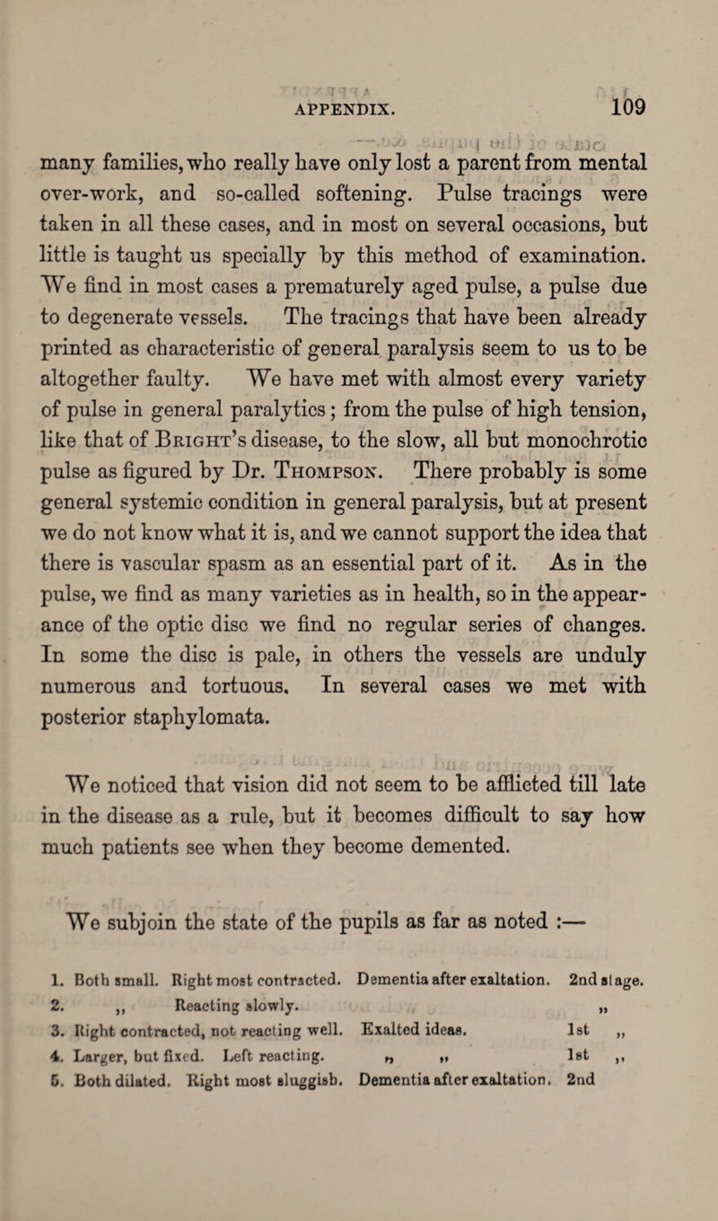 -•' i; ( t*J: ‘ J'- j, 1530 many families, who really have only lost a parent from mental over-work, and so-called softening. Pulse tracings were taken in all these cases, and in most on several occasions, hut little is taught us specially by this method of examination. We find in most cases a prematurely aged pulse, a pulse due . ' «T ,' r to degenerate vessels. The tracings that have been already printed as characteristic of general paralysis seem to us to be altogether faulty. We have met with almost every variety of pulse in general paralytics; from the pulse of high tension, like that of Bright’s disease, to the slow, all but monochrotic pulse as figured by Dr. Thompson. There probably is some general systemic condition in general paralysis, but at present we do not know what it is, and we cannot support the idea that there is vascular spasm as an essential part of it. As in the pulse, we find as many varieties as in health, so in the appear¬ ance of the optic disc we find no regular series of changes. In some the disc is pale, in others the vessels are unduly numerous and tortuous. In several cases we met with posterior staphylomata. We noticed that vision did not seem to be afflicted till late in the disease as a rule, but it becomes difficult to say how much patients see when they become demented. We subjoin the state of the pupils as far as noted :—■ 1. Both small. Right most contracted. Dementia after exaltation. 2nd stage. 2. ,, Reacting slowly. „ 3. Right contracted, not reacting well. Exalted ideas. 1st „ 4. Larger, but fixed. Left reacting. „ „ 1st ,, 5. Both dilated. Right most sluggish. Dementia after exaltation. 2nd