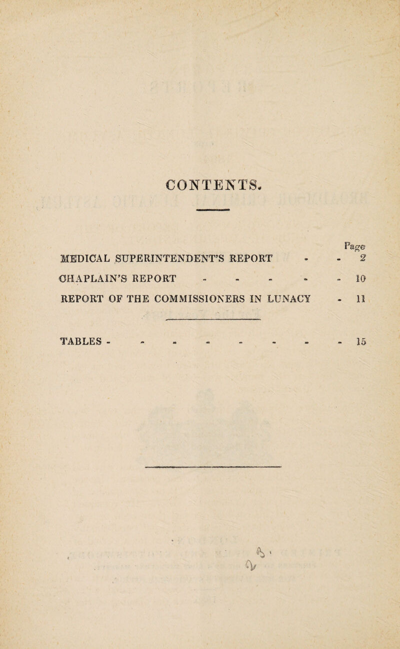 CONTENTS, MEDICAL SUPERINTENDENT'S REPORT CHAPLAIN'S REPORT - REPORT OF THE COMMISSIONERS IN LUNACY Page 2 - 10 - II TABLES - 15