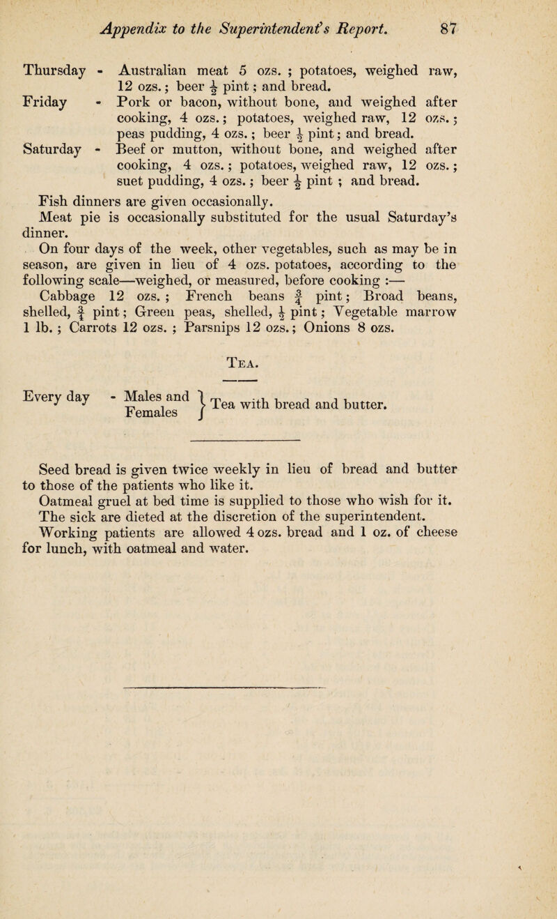 Thursday - Australian meat 5 ozs. ; potatoes, weighed raw, 12 ozs.; beer ^ pint; and bread. Friday - Pork or bacon, without bone, and weighed after cooking, 4 ozs.; potatoes, weighed raw, 12 ozs.; peas pudding, 4 ozs.; beer ^ pint; and bread. Saturday - Beef or mutton, without bone, and weighed after cooking, 4 ozs.; potatoes, weighed raw, 12 ozs.; suet pudding, 4 ozs.; beer ^ pint ; and bread. Fish dinners are given occasionally. Meat pie is occasionally substituted for the usual Saturday’s dinner. On four days of the week, other vegetables, such as may be in season, are given in lieu of 4 ozs. potatoes, according to the following scale—weighed, or measured, before cooking :— Cabbage 12 ozs. ; French beans f pint; Broad beans, shelled, ^ pint; Green peas, shelled, J pint; Vegetable marrow 1 lb. ; Carrots 12 ozs. ; Parsnips 12 ozs.; Onions 8 ozs. Tea. Every day - Males and 1 rpea w^pL bread an(j butter. Females J Seed bread is given twice weekly in lieu of bread and butter to those of the patients who like it. Oatmeal gruel at bed time is supplied to those who wish for it. The sick are dieted at the discretion of the superintendent. Working patients are allowed 4 ozs. bread and 1 oz. of cheese for lunch, with oatmeal and water.