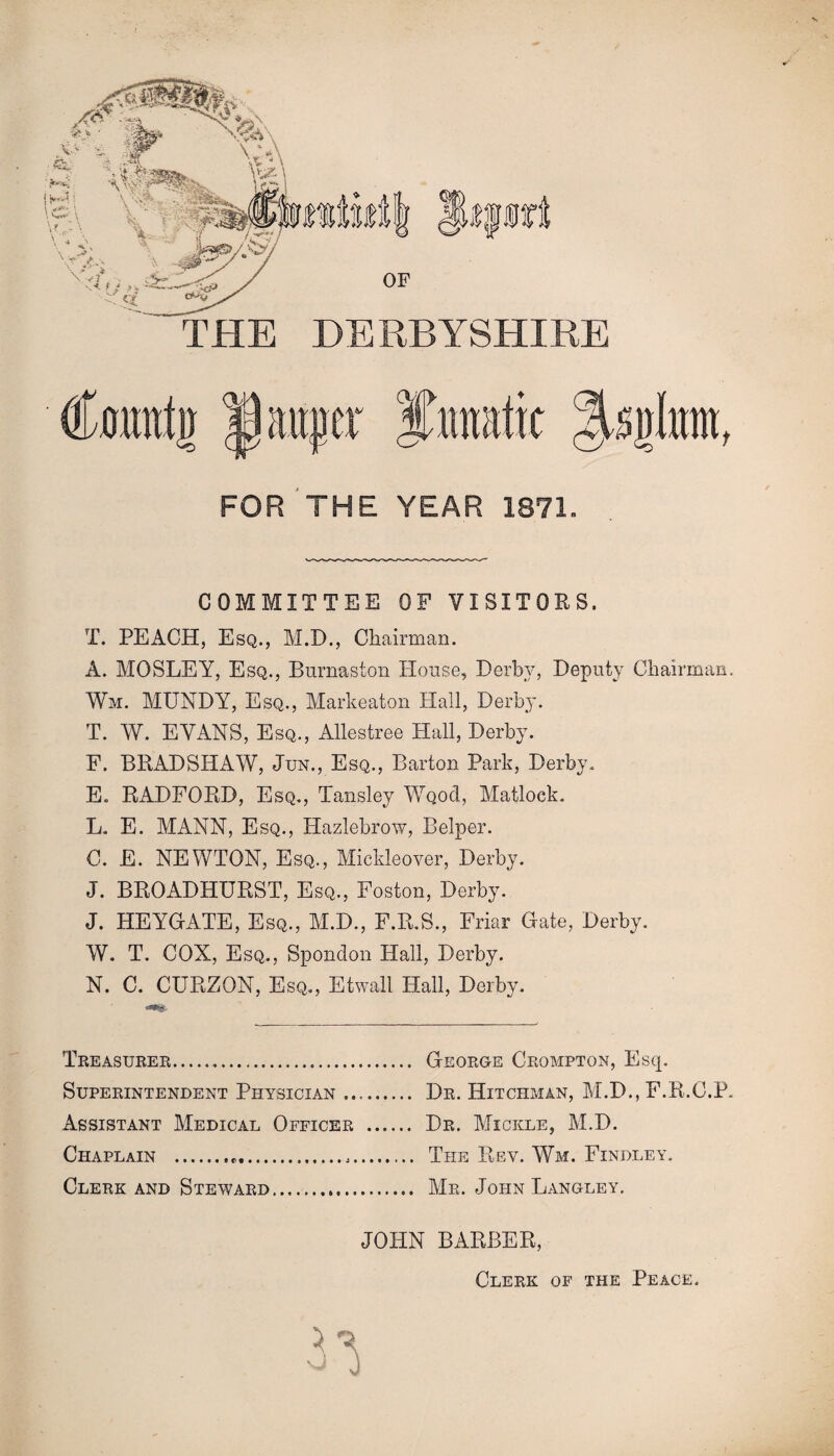 COMMITTEE OF VISITORS. T. PEACH, Esq., M.D., Chairman. A. MOSLEY, Esq., Bnrnasion House, Derby, Deputy Chairman. Wm. MUNDY, Esq., Markeaton Hall, Derby. T. W. EVANS, Esq., Allestree Hall, Derby. F. BRADSHAW, Jun., Esq., Barton Park, Derby. E. RADFORD, Esq., Tansley Wqod, Matloek. L. E. MANN, Esq., Hazlebrow, Belper. C. E. NEWTON, Esq., Micldeover, Derby. J. BROADHURST, Esq., Foston, Derby. J. HEYGATE, Esq., M.D., F.R.S., Friar Gate, Derby. W. T. COX, Esq., Spondon Hall, Derby. N. C. CURZON, Esq., Etwall Hall, Derby. Treasurer... George Crompton, Esq. Superintendent Physician. Dr. Hitchman, M.D., F.R.C.P. Assistant Medical Officer . Dr. Mickle, M.D. Chaplain .,.,. The Rev. Wm. Findley. Clerk and Steward. Mr. John Langley. JOHN BARBER, Clerk of the Peace.