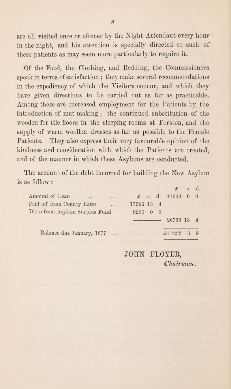 are all visited once or oftener by the Night Attendant every hour in the night, and his attention is specially directed to such of these patients as may seem more particularly to require it. Of the Food, the Clothing, and Bedding, the Commissioners speak in terms of satisfaction ; they make several recommendations in the expediency of which the Visitors concur, and which they have given directions to be carried out as far as practicable. Among these are increased employment for the Patients by the introduction of mat making ; the continued substitution of the wooden for tile floors in the sleeping rooms at Forston, and the supply of warm woollen dresses as far as possible to the Female Patients. They also express their very favourable opinion of the kindness and consideration with which the Patients are treated, and of the manner in which these Asylums are conducted. The account of the debt incurred for building the New Asylum is as follow : Amount of Loan Paid off from County Rates Ditto from Asylum Surplus Fund Balance due January, 1877 £ s. d. £ s. d. 41000 0 0 17566 13 4 9200 0 0 - 26766 13 4 £14233 6 & JOHN FLOYER, Chairman„