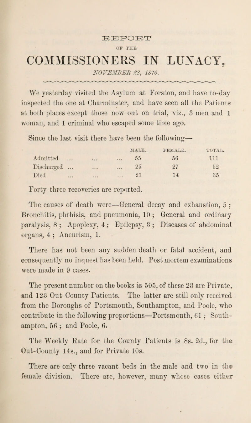 zr,:e:po:r, t OF THE COMMISSIONERS IN LUNACY, NOVEMBER 28, 1878. We yesterday visited the Asylum at For story and have to-day inspected the one at Charminster, and have seen all the Patients at both places except those now out on trial, viz., 3 men and 1 woman, and 1 criminal who escaped some time ago. Since the last visit there have been the following—• MALE. FEMALE. TOTAL. Admitted t *■ » 55 56 Ill Discharged ... , , , 25 27 52 Died 21 14 35 Forty-three recoveries are reported. The causes of death were—General decay and exhaustion, 5 ; Bronchitis, phthisis, and pneumonia, 10 ; General and ordinary paralysis, 8 ; x4poplexy, 4 ; Epilepsy, 3 ; Diseases of abdominal organs, 4 ; xlneurism, 1. There has not been any sudden death or fatal accident, and consequently no inquest has been held. Post mortem examinations were made in 9 cases. The present number on the books is 505, of these 23 are Private, and 123 Out-County Patients. The latter are still only received from the Boroughs of Portsmouth, Southampton, and Poole, who contribute in the following proportions—Portsmouth, 61 ; South¬ ampton, 56 \ and Poole, 6. The Weekly Rate for the County Patients is 8s. 2d., for the Out-County 14s., and for Private 10s. There are only three vacant beds in the male and two in the female division. There are, however, many whose cases either