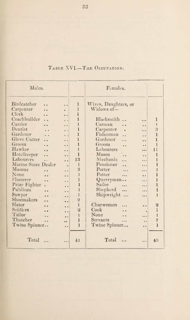 Table XVI. —The Occupation. Males. Females. Birdcatcher * * 1 1 Wives, Daughters, or Carpenter 1 Widows of— Clerk • * I Coachbuilder . . 1 Blacksmith ... • • • 1 Carrier 1 Carman • • 1 Dentist 1 Carpenter • • • 3 Gardener . . 1 Fisherman .. * * 1 Glove Cutter .. • • I Gardener • • 1 Groom • • l Groom • • 1 Hawker 1 Labourers • • • 11 Hotelkeeper 1 Mason • • 1 Labourers 13 Mechanic ... • • • 1 Marine Store Dealer 1 Pensioner • • • 1 Masons 3 Porter • • • 1 None 1 Potter • • 1 Plasterer 1 Quarryman.. e f • 1 Prize Fighter . 1 Sailor • • • 1 Publican 1 Shepherd • • • 1 Sawyer 1 Shipwright ... • • • 1 Shoemakers 2 Slater 1 Charwomen ... • • 2 Soldiers 2 Cook • 1 Tailor 1 None • • • l Thatcher • • 1 Servants • • 7 Twine Spinner.. 1 Twine Spinner... • • 1 • • • • • •