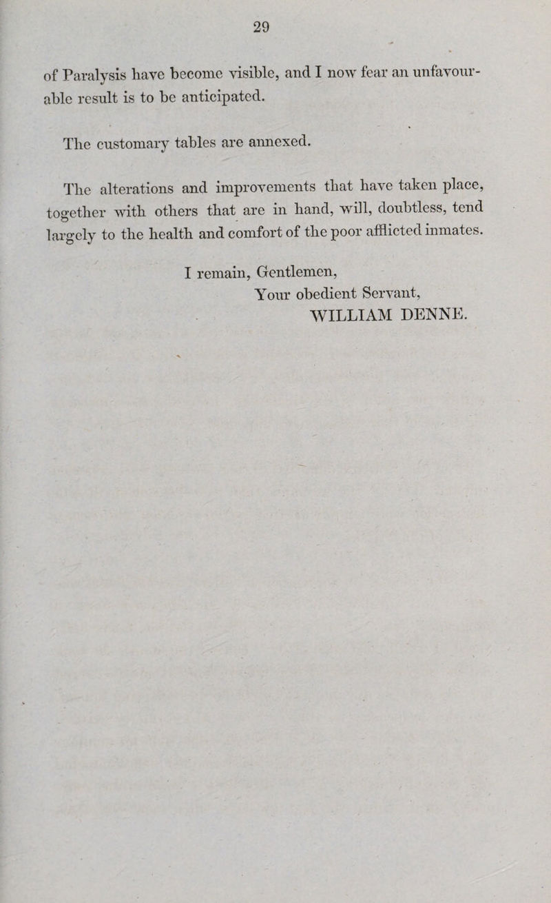 of Paralysis have become visible, and I now fear an unfavour¬ able result is to be anticipated. The customary tables are annexed. The alterations and improvements that have taken place, together with others that are in hand, will, doubtless, tend largely to the health and comfort of the poor afflicted inmates. I remain, Gentlemen, Your obedient Servant, WILLIAM DENNE.
