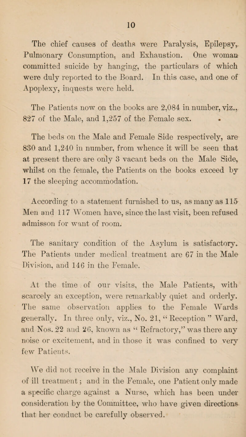 The chief causes of deaths were Paralysis, Epilepsy, Pulmonary Consumption, and Exhaustion. One woman committed suicide by hanging, the particulars of which were duly reported to the Board. In this case, and one of Apoplexy, inquests were held. The Patients now on the books are 2,084 in number, viz., 827 of the Male, and 1,257 of the Female sex. The beds on the Male and Female Side respectively, are 830 and 1,240 in number, from whence it will be seen that at present there are only 3 vacant beds on the Male Side, whilst on the female, the Patients on the books exceed by 17 the sleeping accommodation. According to a statement furnished to us, as many as 115 Men and 117 Women have, since the last visit, been refused admisson for want of room. The sanitary condition of the Asylum is satisfactory. The Patients under medical treatment are 67 in the Male Division, and 146 in the Female. At the time of our visits, the Male Patients, with scarcely an exception, were remarkably quiet and orderly. The same observation applies to the Female Wards generally. In three only, viz., No. 21, “ Reception ” Ward, and Nos. 22 and 26, known as “ Refractory,” was there any noise or excitement, and in those it was confined to very few Patients. We did not receive in the Male Division any complaint of ill treatment; and in the Female, one Patient only made a specific charge against a Nurse, which has been under consideration by the Committee, who have given directions that her conduct be carefully observed.