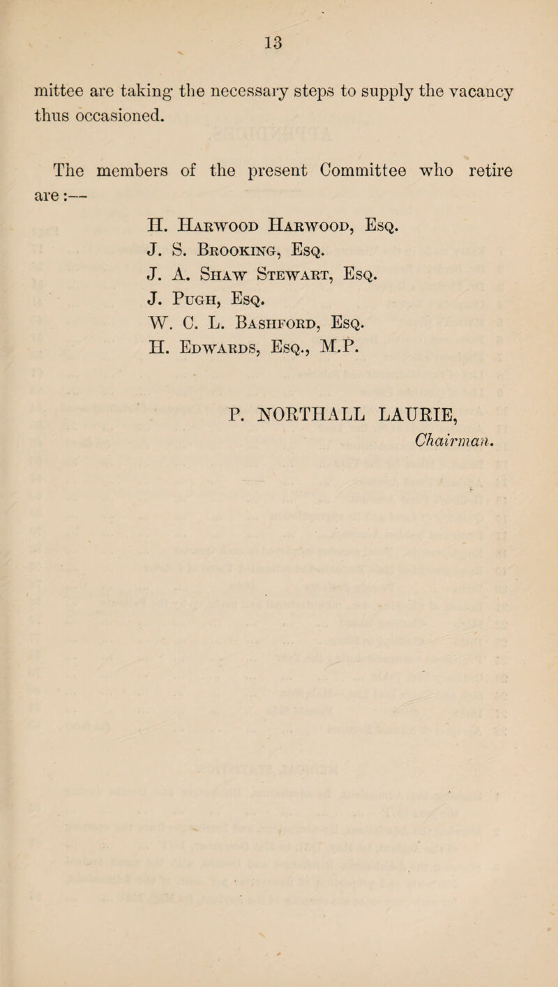 mittee are taking the necessary steps to supply the vacancy thus occasioned. The members of the present Committee who retire are:— H. Harwood Harwood, Esq. J. S. Brooking, Esq. J. A. Siiaw Stewart, Esq. J. Pugh, Esq. W. C. L. Bashford, Esq. H. Edwards, Esq., M.P. P. NORTH ALL LAURIE, Chairman.