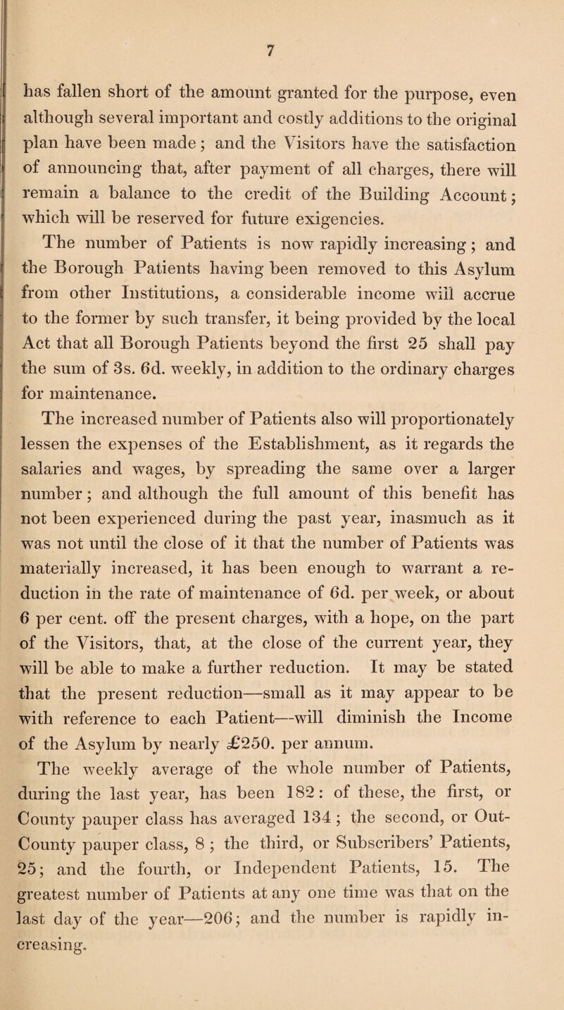 has fallen short of the amount granted for the purpose, even although several important and costly additions to the original plan have been made; and the Visitors have the satisfaction of announcing that, after payment of all charges, there will remain a balance to the credit of the Building Account; which will be reserved for future exigencies. The number of Patients is now rapidly increasing; and the Borough Patients having been removed to this Asylum from other Institutions, a considerable income will accrue to the former by such transfer, it being provided by the local Act that all Borough Patients beyond the first 25 shall pay the sum of 3s. 6d. weekly, in addition to the ordinary charges for maintenance. The increased number of Patients also will proportionately lessen the expenses of the Establishment, as it regards the salaries and wages, by spreading the same over a larger number; and although the full amount of this benefit has not been experienced during the past year, inasmuch as it was not until the close of it that the number of Patients was materially increased, it has been enough to warrant a re¬ duction in the rate of maintenance of fid. per week, or about fi per cent, off the present charges, with a hope, on the part of the Visitors, that, at the close of the current year, they will be able to make a further reduction. It may be stated that the present reduction—small as it may appear to be with reference to each Patient—will diminish the Income of the Asylum by nearly £250. per annum. The weekly average of the whole number of Patients, during the last year, has been 182: of these, the first, or County pauper class has averaged 134 ; the second, or Out- County pauper class, 8 ; the third, or Subscribers’ Patients, 25; and the fourth, or Independent Patients, 15. The greatest number of Patients at any one time was that on the last day of the year—20fi; and the number is rapidly in¬ creasing.