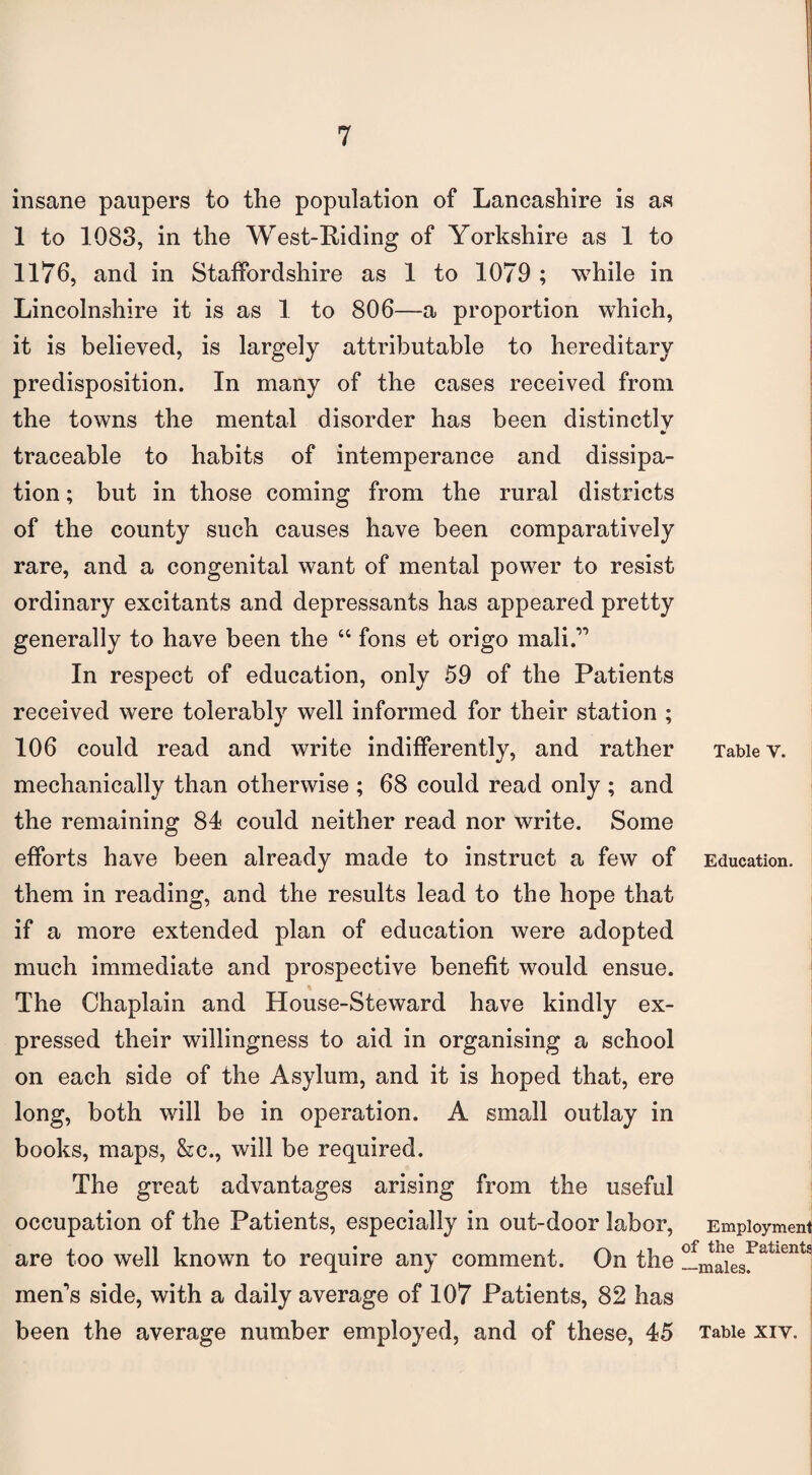 insane paupers to the population of Lancashire is as 1 to 1083, in the West-Riding of Yorkshire as 1 to 1176, and in Staffordshire as 1 to 1079 ; while in Lincolnshire it is as 1 to 806—a proportion which, it is believed, is largely attributable to hereditary predisposition. In many of the cases received from the towns the mental disorder has been distinetlv •* traceable to habits of intemperance and dissipa¬ tion ; but in those coming from the rural districts of the county such causes have been comparatively rare, and a congenital want of mental power to resist ordinary excitants and depressants has appeared pretty generally to have been the “ fons et origo mali.” In respect of education, only 59 of the Patients received were tolerably well informed for their station ; 106 could read and write indifferently, and rather mechanically than otherwise ; 68 could read only ; and the remaining 84 could neither read nor write. Some efforts have been already made to instruct a few of them in reading, and the results lead to the hope that if a more extended plan of education were adopted much immediate and prospective benefit would ensue. The Chaplain and House-Steward have kindly ex¬ pressed their willingness to aid in organising a school on each side of the Asylum, and it is hoped that, ere long, both will be in operation. A small outlay in books, maps, &c., will be required. The great advantages arising from the useful occupation of the Patients, especially in out-door labor, are too well known to require any comment. On the men's side, with a daily average of 107 Patients, 82 has been the average number employed, and of these, 45 Table V. Education. Employment of the Patients —males. Table XIV.
