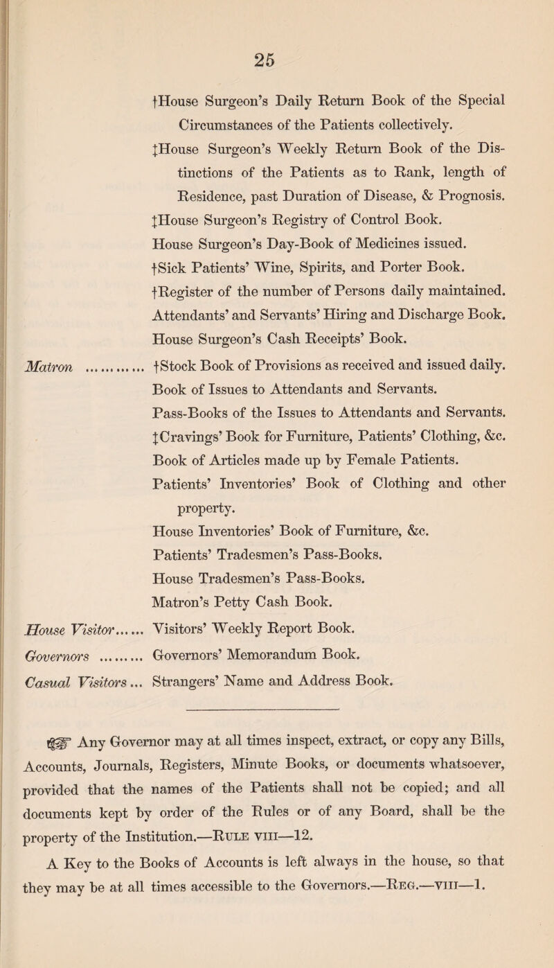 {House Surgeon’s Daily Return Book of the Special Circumstances of the Patients collectively. {House Surgeon’s Weekly Return Book of the Dis¬ tinctions of the Patients as to Rank, length of Residence, past Duration of Disease, & Prognosis. {House Surgeon’s Registry of Control Book. House Surgeon’s Day-Book of Medicines issued. fSick Patients’ Wine, Spirits, and Porter Book. {Register of the number of Persons daily maintained. Attendants’ and Servants’ Hiring and Discharge Book. House Surgeon’s Cash Receipts’ Book. Matron . {Stock Book of Provisions as received and issued daily. Book of Issues to Attendants and Servants. Pass-Books of the Issues to Attendants and Servants. {Cravings’ Book for Furniture, Patients’ Clothing, &c. Book of Articles made up by Female Patients. Patients’ Inventories’ Book of Clothing and other property. House Inventories’ Book of Furniture, &c. Patients’ Tradesmen’s Pass-Books. House Tradesmen’s Pass-Books. Matron’s Petty Cash Book. House Visitor. Visitors’ Weekly Report Book. Governors . Governors’ Memorandum Book. Casual Visitors ... Strangers’ Name and Address Book. tflF Any Governor may at all times inspect, extract, or copy any Bills, Accounts, Journals, Registers, Minute Books, or documents whatsoever, provided that the names of the Patients shall not be copied; and all documents kept by order of the Rules or of any Board, shall be the property of the Institution.—Rule viii—12. A Key to the Books of Accounts is left always in the house, so that they may be at all times accessible to the Governors.—Reg.—viii—1.