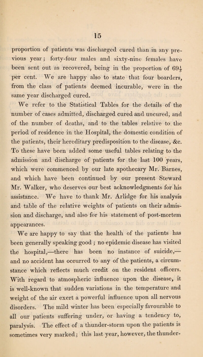 proportion of patients was discharged cured than in any pre¬ vious year; forty-four males and sixty-nine females have been sent out as recovered, being in the proportion of 69^ per cent. We are happy also to state that four boarders, from the class of patients deemed incurable, were in the same year discharged cured. We refer to the Statistical Tables for the details of the number of cases admitted, discharged cured and uncured, and of the number of deaths, and to the tables relative to the period of residence in the Hospital, the domestic condition of the patients, their hereditary predisposition to the disease, See. To these have been added some useful tables relating to the admission and discharge of patients for the last 100 years, which were commenced by our late apothecary Mr. Barnes, and which have been continued by our present Steward Mr. Walker, who deserves our best acknowledgments for his assistance. We have to thank Mr. Arlidge for his analysis and table of the relative weights of patients on their admis¬ sion and discharge, and also for his statement of post-mortem appearances. We are happy to say that the health of the patients has been generally speaking good ; no epidemic disease has visited the hospital,—there has been no instance of suicide,—- and no accident has occurred to any of the patients, a circum¬ stance which reflects much credit on the resident officers. With regard to atmospheric influence upon the disease, it is well-known that sudden variations in the temperature and weight of the air exert a powerful influence upon all nervous disorders. The mild winter has been especially favourable to all our patients suffering under, or having a tendency to, paralysis. The effect of a thunder-storm upon the patients is sometimes very marked; this last year, however, the thunder-