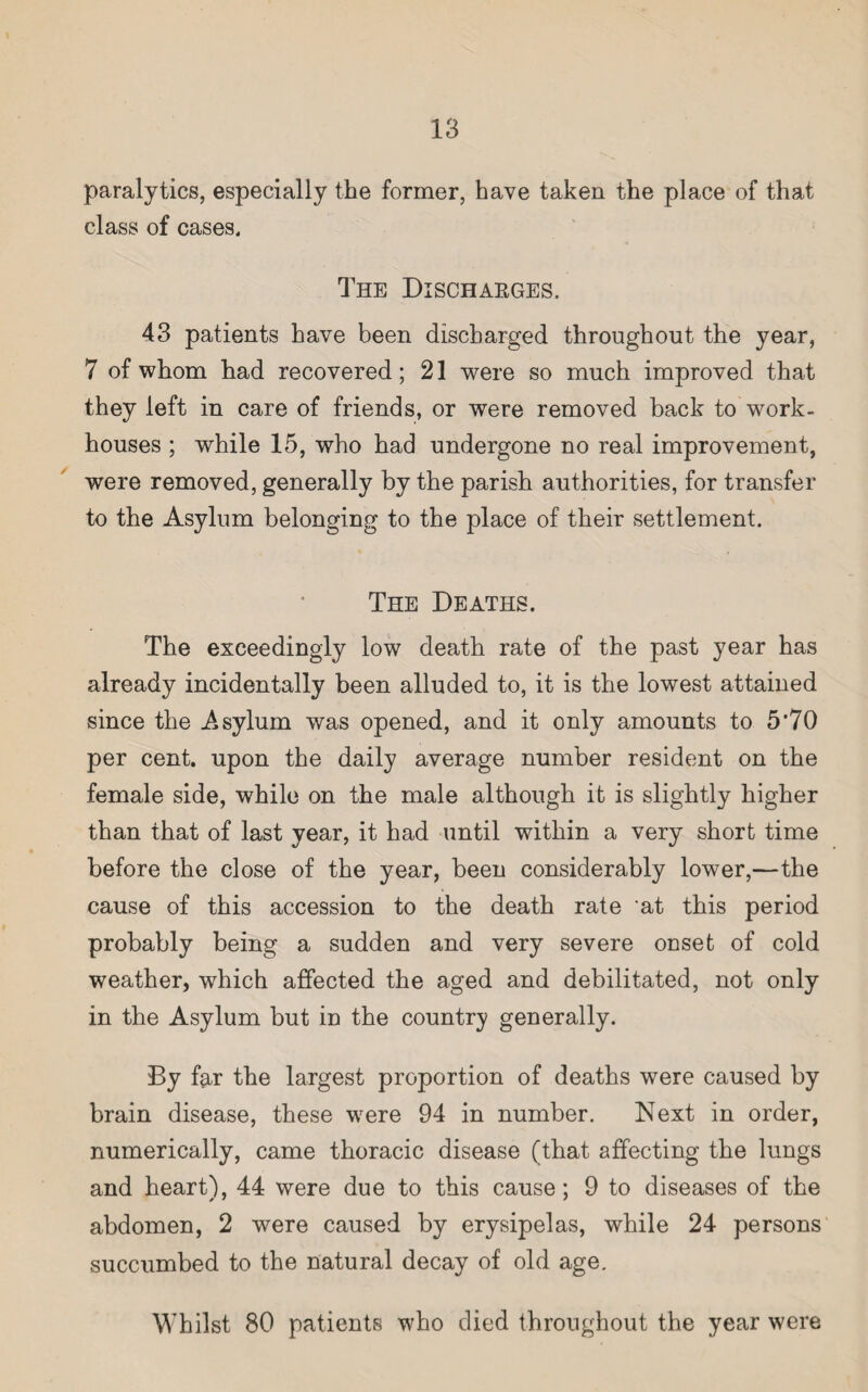 paralytics, especially the former, have taken the place of that class of cases. The Discharges. 43 patients have been discharged throughout the year, 7 of whom had recovered; 21 were so much improved that they left in care of friends, or were removed back to work- houses ; while 15, who had undergone no real improvement, were removed, generally by the parish authorities, for transfer to the Asylum belonging to the place of their settlement. The Deaths. The exceedingly low death rate of the past year has already incidentally been alluded to, it is the lowest attained since the Asylum was opened, and it only amounts to 5*70 per cent, upon the daily average number resident on the female side, while on the male although it is slightly higher than that of last year, it had until within a very short time before the close of the year, been considerably lower,—the cause of this accession to the death rate 'at this period probably being a sudden and very severe onset of cold weather, which affected the aged and debilitated, not only in the Asylum but in the country generally. By far the largest proportion of deaths were caused by brain disease, these were 94 in number. Next in order, numerically, came thoracic disease (that affecting the lungs and heart), 44 were due to this cause; 9 to diseases of the abdomen, 2 were caused by erysipelas, while 24 persons succumbed to the natural decay of old age. Whilst 80 patients who died throughout the year were