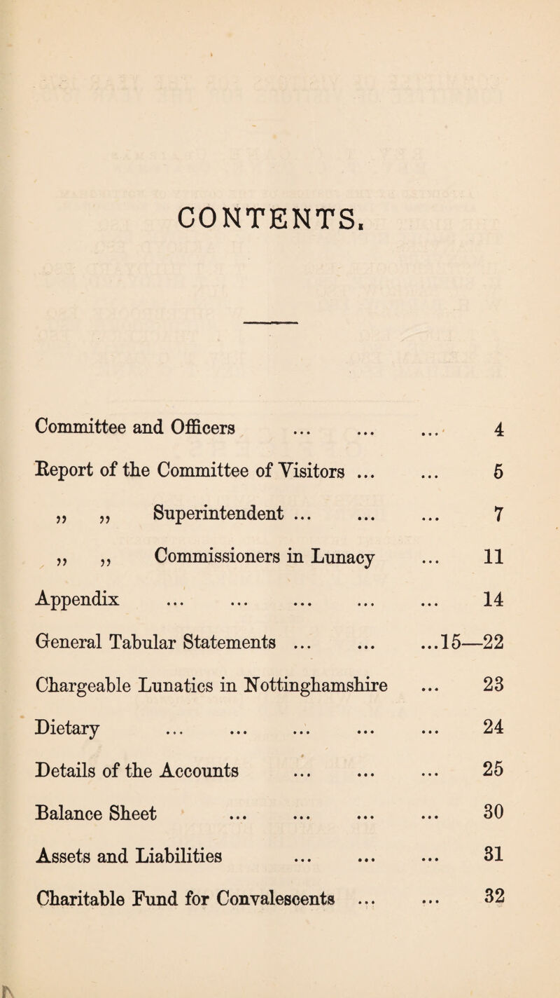 CONTENTS. Committee and Officers ... ... ... 4 Eeport of the Committee of Visitors ... ... 5 „ „ Superintendent ... ... ... 7 „ „ Commissioners in Lunacy ... 11 Appendix ... ... ... ... ... 14 General Tabular Statements ... ... ...15—22 Chargeable Lunatics in Nottinghamshire ... 23 Dietary ... ... ... ... ... 24 * Details of the Accounts ... ... ... 25 Balance Sheet ... ... ... ... 30 Assets and Liabilities ... ... ... 31 Charitable Fund for Convalescents ... ... 32