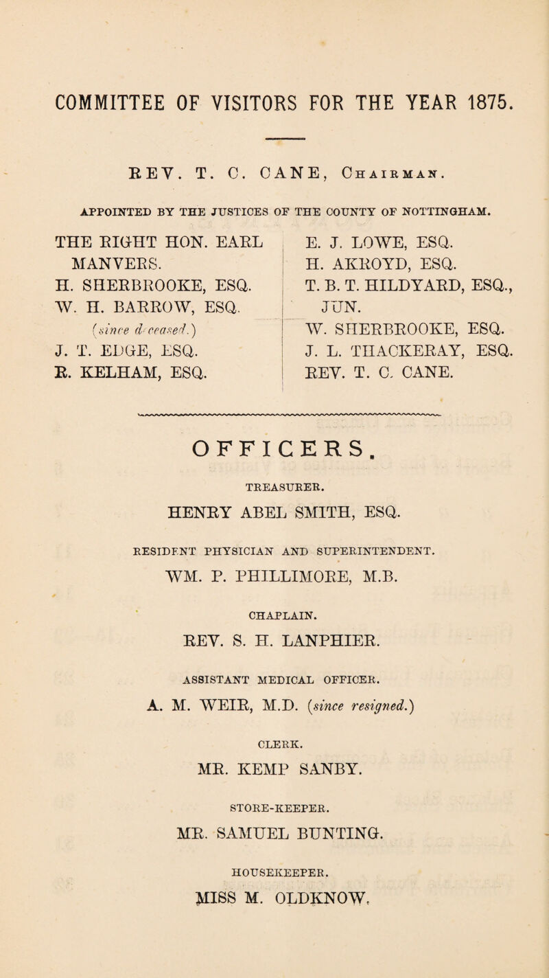 COMMITTEE OF VISITORS FOR THE YEAR 1875. REV. T. C. CANE, Chairman. APPOINTED BY THE JUSTICES OF THE COUNTY OF NOTTINGHAM. THE EIGHT HON. EAEL MANYEES. H. SHEEBEOOKE, ESQ. W. H. BAEEOW, ESQ. (since d ceased.) J. T. EDGE, ESQ. R. KELHAM, ESQ. E. J. LOWE, ESQ, H. AKEOYD, ESQ. T. B. T. HILDYAED, ESQ., JTJN. W. SHEEBEOOKE, ESQ. J. L. THACKEEAY, ESQ. EEY. T. 0. CANE. OFFICERS. TREASURER. HENEY ABEL SMITH, ESQ, RESIDENT PHYSICIAN AND SUPERINTENDENT. WM. P. PHILLIMOEE, M.B. CHAPLAIN. EEY. S. H. LANPHIEE. ASSISTANT MEDICAL OFFICER, A. M. WEIE, M.D. (since resigned.) CLERK. ME. KEMP SANBY. STORE-KEEPER, ME. SAMUEL BUNTING. HOUSEKEEPER. MISS M. OLDKNOW,