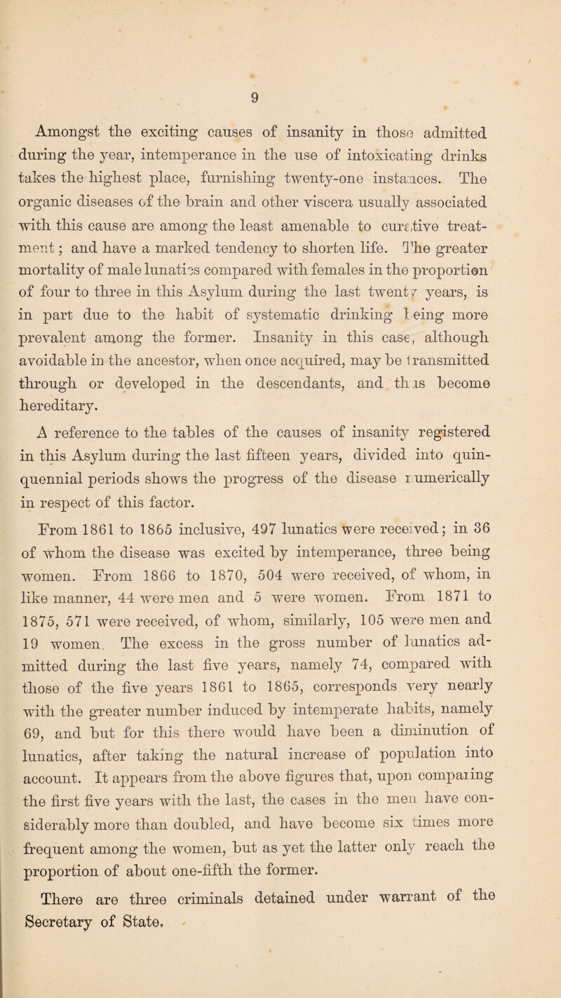 Amongst tlie exciting causes of insanity in those admitted during the year, intemperance in the use of intoxicating drinks takes the highest place, furnishing twenty-one instances. The organic diseases of the brain and other viscera usually associated with this cause are among the least amenable to cure five treat¬ ment ; and have a marked tendency to shorten life. The greater mortality of male lunatics compared with females in the proportion of four to three in this Asylum during the last twenty years, is in part due to the habit of systematic drinking being more prevalent among the former. Insanity in this case, although avoidable in the ancestor, when once acquired, may be 1 ransmitted through or developed in the descendants, and this become hereditary. A reference to the tables of the causes of insanity registered in this Asylum during the last fifteen years, divided into quin¬ quennial periods shows the progress of the disease x umerically in respect of this factor. From 1861 to 1865 inclusive, 497 lunatics were received; in 36 of whom the disease was excited by intemperance, three being women. From 1866 to 1870, 504 were received, of whom, in like manner, 44 were men and 5 were women. From 1871 to 1875, 571 were received, of whom, similarly, 105 were men and 19 women, The excess in the gross number of lunatics ad¬ mitted during the last five years, namely 74, compared with those of the five years 1861 to 1865, corresponds very nearly with the greater number induced by intemperate habits, namely 69, and but for this there would have been a diminution of lunatics, after taking the natural increase of population into account. It appears from the above figures that, upon compaiing the first five years with the last, the cases in the men have con¬ siderably more than doubled, and have become six times more frequent among the women, but as yet the latter only reach the proportion of about one-fifth the former. There are three criminals detained under warrant of the Secretary of State,