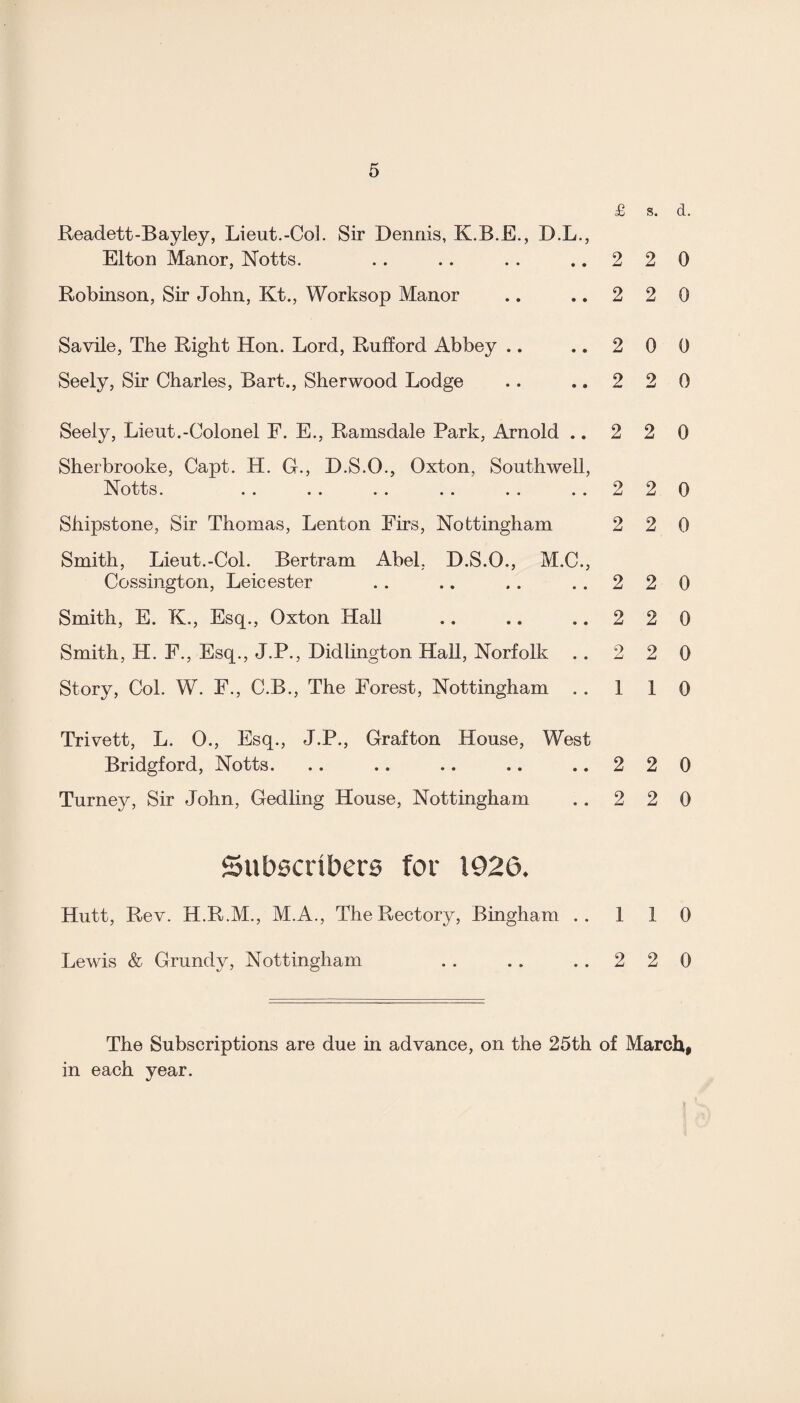 Readett-Bayley, Lieut.-Col. Sir Dennis, K.B.E., D.L., Elton Manor, Notts. Robinson, Sir John, Kt., Worksop Manor Savile, The Right Hon. Lord, Rufford Abbey Seely, Sir Charles, Bart-., Sherwood Lodge Seely, Lieut.-Colonel F. E., Ramsdale Park, Arnold .. Sherbrooke, Capt. H. G., D.S.O., Oxton, Southwell, Notts. Shipstone, Sir Thomas, Lenton Firs, Nottingham Smith, Lieut.-Col. Bertram Abel, D.S.O., M.C., Cossington, Leicester Smith, E. K., Esq., Oxton Hall Smith, H. F., Esq., J.P., Didlington Hall, Norfolk . . Story, Col. W. F., C.B., The Forest, Nottingham . . £ s. d. 2 2 0 2 2 0 2 0 0 2 2 0 2 2 0 2 2 0 2 2 0 2 2 0 2 2 0 2 2 0 1 1 0 Trivett, L. O., Esq., J.P., Grafton House, West Bridgford, Notts. .. .. .. .. ..220 Turney, Sir John, Gedling House, Nottingham . . 2 2 0 Subscribers for 1926. Hutt, Rev. H.R.M., M.A., The Rectory, Bingham .. 110 Lewis & Grundy, Nottingham . . . . ..220 The Subscriptions are due in advance, on the 25th of March, in each year.