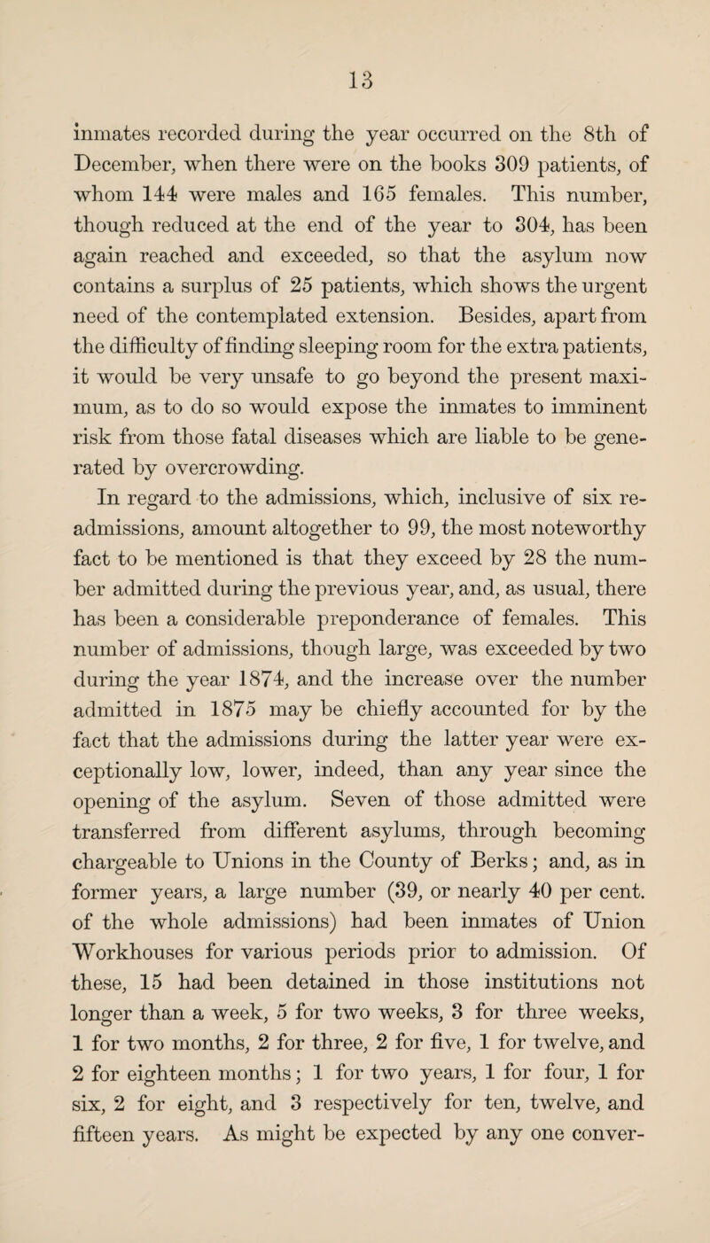 inmates recorded during the year occurred on the 8th of December, when there were on the books 309 patients, of whom 144 were males and 165 females. This number, though reduced at the end of the year to 304, has been again reached and exceeded, so that the asylum now contains a surplus of 25 patients, which shows the urgent need of the contemplated extension. Besides, apart from the difficulty of finding sleeping room for the extra patients, it would be very unsafe to go beyond the present maxi¬ mum, as to do so would expose the inmates to imminent risk from those fatal diseases which are liable to be gene¬ rated by overcrowding. In regard to the admissions, which, inclusive of six re¬ admissions, amount altogether to 99, the most noteworthy fact to be mentioned is that they exceed by 28 the num¬ ber admitted during the previous year, and, as usual, there has been a considerable preponderance of females. This number of admissions, though large, was exceeded by two during the year 1874, and the increase over the number admitted in 1875 may be chiefly accounted for by the fact that the admissions during the latter year were ex¬ ceptionally low, lower, indeed, than any year since the opening of the asylum. Seven of those admitted were transferred from different asylums, through becoming chargeable to Unions in the County of Berks; and, as in former years, a large number (39, or nearly 40 per cent, of the whole admissions) had been inmates of Union Workhouses for various periods prior to admission. Of these, 15 had been detained in those institutions not longer than a week, 5 for two weeks, 3 for three weeks, 1 for two months, 2 for three, 2 for five, 1 for twelve, and 2 for eighteen months; 1 for two years, 1 for four, 1 for six, 2 for eight, and 3 respectively for ten, twelve, and fifteen years. As might be expected by any one conver-