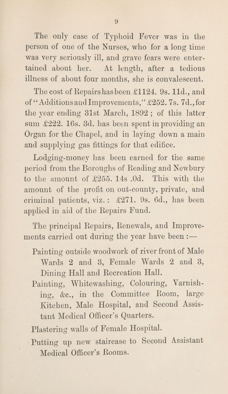 The only case of Typhoid Fever was in the person of one of the Nurses, who for a long time was very seriously ill, and grave fears were enter¬ tained about her. At length, after a tedious illness of about four months, she is convalescent. The cost of Kepairs has been £1124. 9s. lid., and of “ Additions and Improvements,”£252. 7s. 7d.,for the year ending 31st March, 1892 ; of this latter sum <£222. 16s. 3d. has been spent in providing an Organ for the Chapel, and in laying down a main and supplying gas fittings for that edifice. Lodging-money has been earned for the same period from the Boroughs of Reading and Newbury to the amount of £255. 14s .Od. This with the amount of the profit on out-county, private, and criminal patients, viz. : £271. 9s. 6d., has been applied in aid of the Repairs Fund. The principal Repairs, Renewals, and Improve¬ ments carried out during the year have been :— Painting outside woodwork of river front of Male Wards 2 and 3, Female Wards 2 and 3, Dining Hall and Recreation Hall. Painting, Whitewashing, Colouring, Varnish¬ ing, &c., in the Committee Room, large Kitchen, Male Hospital, and Second Assis¬ tant Medical Officer’s Quarters. Plastering walls of Female Hospital. Putting up new staircase to Second Assistant Medical Officer’s Rooms.