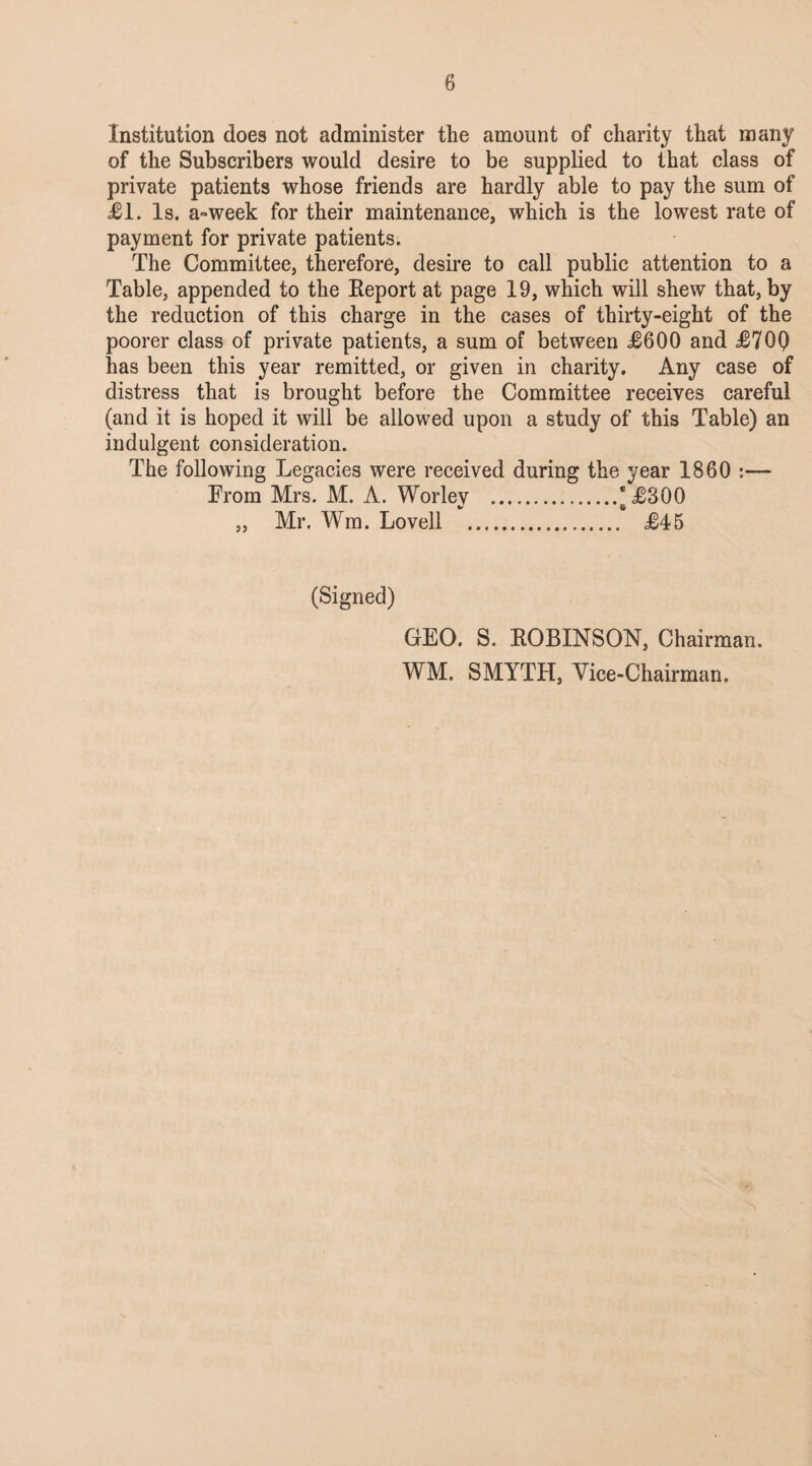 Institution does not administer the amount of charity that many of the Subscribers would desire to be supplied to that class of private patients whose friends are hardly able to pay the sum of £1. Is. a-week for their maintenance, which is the lowest rate of payment for private patients. The Committee, therefore, desire to call public attention to a Table, appended to the Report at page 19, which will shew that, by the reduction of this charge in the cases of thirty-eight of the poorer class of private patients, a sum of between <£600 and £70Q has been this year remitted, or given in charity. Any case of distress that is brought before the Committee receives careful (and it is hoped it will be allowed upon a study of this Table) an indulgent consideration. The following Legacies were received during the year 1860 :— From Mrs. M. A. Worley .‘£300 „ Mr. Wm. Lovell . £45 (Signed) GEO. S. ROBINSON, Chairman. WM. SMYTH, Vice-Chairman.