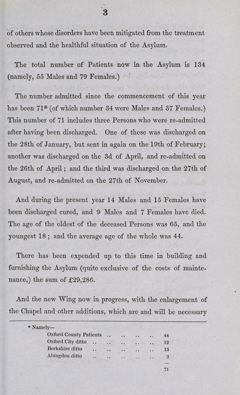 of others whose disorders have been mitigated from the treatment observed and the healthful situation of the Asylum. The total number of Patients now in the Asylum is 134 (namely, 55 Males and 79 Females.) The number admitted since the commencement of this year has been 71* (of which number 34 were Males and 37 Females.) This number of 71 includes three Persons who were re-admitted after having been discharged. One of these was discharged on the 28th of January, hut sent in again on the 19th of February; another was discharged on the 3d of April, and re-admitted on the 26th of April; and the third was discharged on the 27th of August, and re-admitted on the 27th of November. And during the present year 14 Males and 15 Females have been discharged cured, and 9 Males and 7 Females have died. The age of the oldest of the deceased Persons was 65, and the youngest 18; and the average age of the whole was 44. There has been expended up to this time in building and furnishing the Asylum (quite exclusive of the costs of mainte¬ nance,) the sum of £29,286. And the new Wing now in progress, with the enlargement of the Chapel and other additions, which are and will be necessary * Namely— Oxford County Patients .. ,, .. .. 44 Oxford City ditto .. .. 12 Berkshire ditto . 13 Abingdon ditto . 2 71