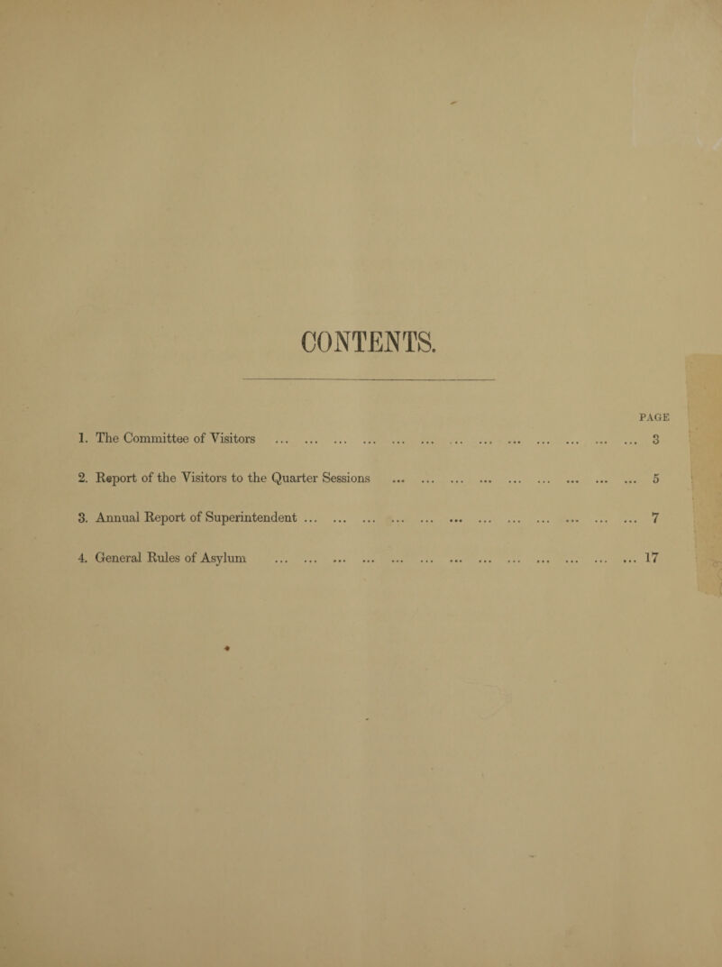 CONTENTS. 1. The Committee of Visitors . 2. Report of the Visitors to the Quarter Sessions 3. Annual Report of Superintendent. 4. General Rules of Asylum