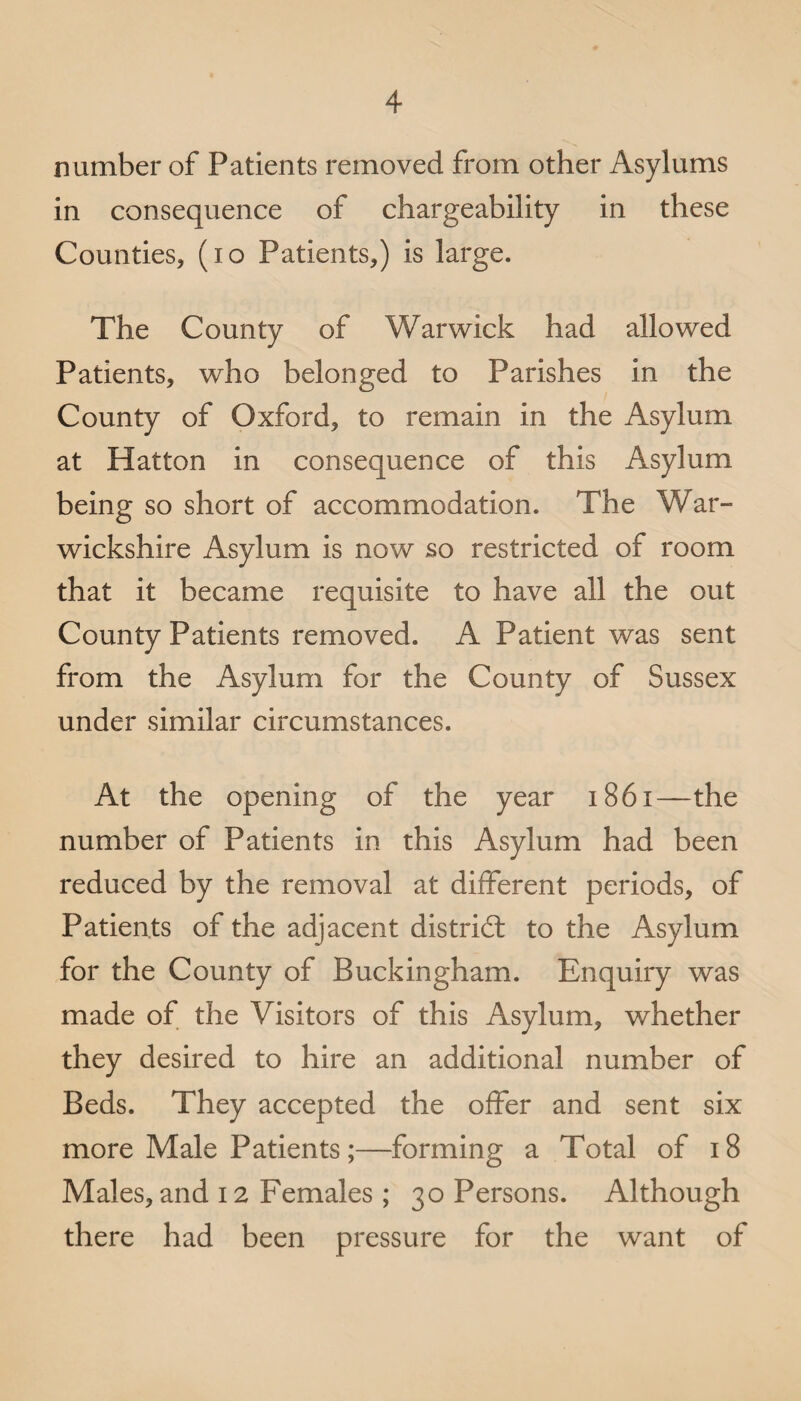 number of Patients removed from other Asylums in consequence of chargeability in these Counties, (io Patients,) is large. The County of Warwick had allowed Patients, who belonged to Parishes in the County of Oxford, to remain in the Asylum at Hatton in consequence of this Asylum being so short of accommodation. The War¬ wickshire Asylum is now so restricted of room that it became requisite to have all the out County Patients removed. A Patient was sent from the Asylum for the County of Sussex under similar circumstances. At the opening of the year 18 61—the number of Patients in this Asylum had been reduced by the removal at different periods, of Patients of the adjacent distrid to the Asylum for the County of Buckingham. Enquiry was made of the Visitors of this Asylum, whether they desired to hire an additional number of Beds. They accepted the offer and sent six more Male Patients;—forming a Total of 18 Males, and 12 Females; 30 Persons. Although there had been pressure for the want of