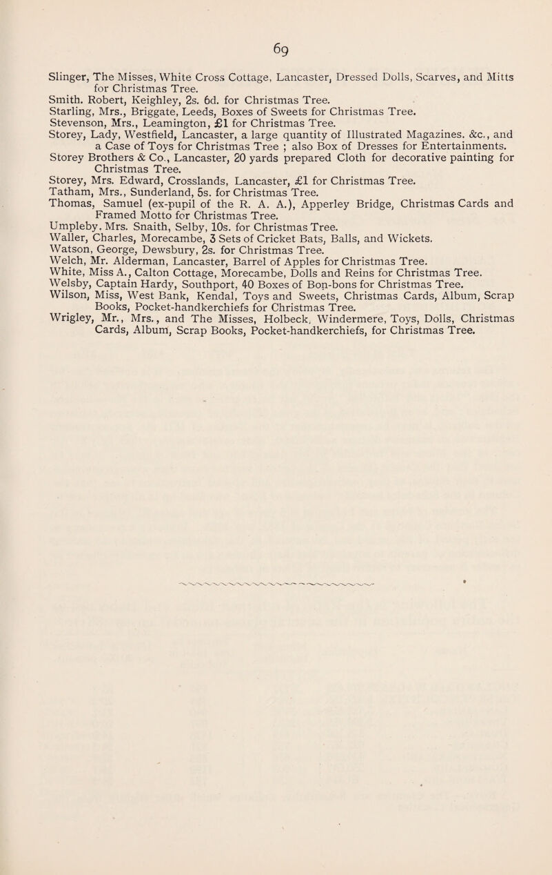 Slinger, The Misses, White Cross Cottage, Lancaster, Dressed Dolls, Scarves, and Mitts for Christmas Tree. Smith. Robert, Keighley, 2s. 6d. for Christmas Tree. Starling, Mrs., Briggate, Leeds, Boxes of Sweets for Christmas Tree. Stevenson, Mrs., Leamington, £1 for Christmas Tree. Storey, Lady, Westfield, Lancaster, a large quantity of Illustrated Magazines. &c., and a Case of Toys for Christmas Tree ; also Box of Dresses for Entertainments. Storey Brothers & Co., Lancaster, 20 yards prepared Cloth for decorative painting for Christmas Tree. Storey, Mrs. Edward, Crosslands, Lancaster, £1 for Christmas Tree. Tatham, Mrs., Sunderland, 5s. for Christmas Tree. Thomas, Samuel (ex-pupil of the R. A. A.), Apperley Bridge, Christmas Cards and Framed Motto for Christmas Tree. Umpleby. Mrs. Snaith, Selby, 10s. for Christmas Tree. Waller, Charles, Morecambe, 3 Sets of Cricket Bats, Balls, and Wickets. Watson, George, Dewsbury, 2s. for Christmas Tree. Welch, Mr. Alderman, Lancaster, Barrel of Apples for Christmas Tree. White, Miss A., Calton Cottage, Morecambe, Dolls and Reins for Christmas Tree. Welsby, Captain Hardy, Southport, 40 Boxes of Bon-bons for Christmas Tree. Wilson, Miss, West Bank, Kendal, Toys and Sweets, Christmas Cards, Album, Scrap Books, Pocket-handkerchiefs for Christmas Tree. Wrigley, Mr., Mrs., and The Misses, Holbeck, Windermere, Toys, Dolls, Christmas Cards, Album, Scrap Books, Pocket-handkerchiefs, for Christmas Tree.