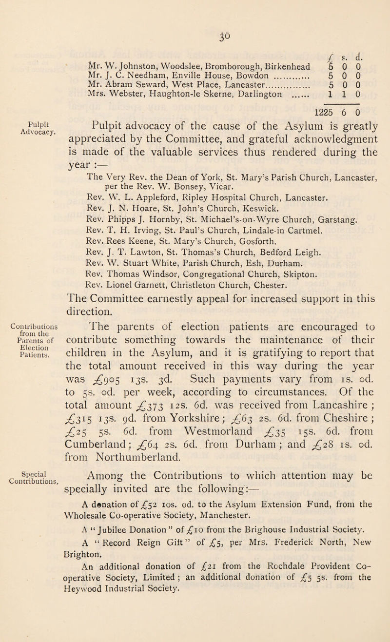 Pulpit Advocacy. Contributions from the Parents of Election Patients. Special Contributions. £ &• Mr. W. Johnston, Woodslee, Bromborough, Birkenhead 5 0 0 Mr. J. C. Needham, Enville House, Bowdon . 5 0 0 Mr. Abram Seward, West Place, Lancaster. 5 0 0 Mrs. Webster, Haughton-le Skerne, Darlington . 110 1225 6 0 Pulpit advocacy of the cause of the Asylum is greatly appreciated by the Committee, and grateful acknowledgment is made of the valuable services thus rendered during the year :— The Very Rev. the Dean of York, St. Mary’s Parish Church, Lancaster, per the Rev. W. Bonsey, Vicar. Rev. W. L. Appleford, Ripley Hospital Church, Lancaster. Rev. J. N. Hoare, St. John’s Church, Keswick. Rev. Phipps J. Hornby, St. Michael’s-on-Wyre Church, Garstang. Rev. T. H. Irving, St. Paul’s Church, Lindale-in Cartmel. Rev. Rees Keene, St. Mary’s Church, Gosforth. Rev. J. T. Lawton, St. Thomas’s Church, Bedford Leigh. Rev. W. Stuart White, Parish Church, Esh, Durham. Rev. Thomas Windsor, Congregational Church, Skipton. Rev. Lionel Garnett, Christleton Church, Chester. The Committee earnestly appeal for increased support in this direction. The parents of election patients are encouraged to contribute something towards the maintenance of their children in the Asylum, and it is gratifying to report that the total amount received in this way during the year was ^£905 13s. 3d. Such payments vary from is. od. to 5s. od. per week, according to circumstances. Of the total amount ^373 12s. 6d. was received from Lancashire ; ^^315 13s. 9d. from Yorkshire; ^63 2s. 6d. from Cheshire ; ^'25 5 s. 6d. from Westmorland ^35 15 s. 6d. from Cumberland; ^64 2s. 6d. from Durham; and ^28 is. od. from Northumberland. Among the Contributions to which attention may be specially invited are the following:— A denation of ^52 10s. od. to the Asylum Extension Fund, from the Wholesale Co-operative Society, Manchester. A “Jubilee Donation” of^10 from the Brighouse Industrial Society. A “Record Reign Gift” of £5, per Mrs. Frederick North, New Brighton. An additional donation of £21 from the Rochdale Provident Co¬ operative Society, Limited ; an additional donation of £5 5s. from the Heywood Industrial Society.