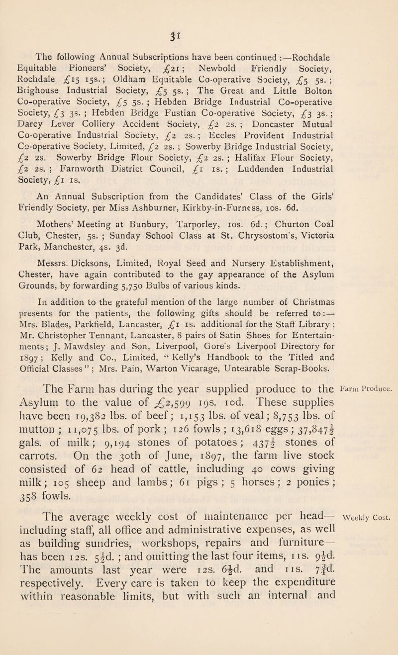 The following Annual Subscriptions have been continued :—Rochdale Equitable Pioneers’ Society, £21 ; Newbold Friendly Society, Rochdale £13 15s.; Oldham Equitable Co-operative Society, £5 5s.; Brighouse Industrial Society, £5 5s. ; The Great and Little Bolton Co-operative Society, £5 5s. ; Hebden Bridge Industrial Co-operative Society, £3 33. ; Hebden Bridge Fustian Co-operative Society, £3 3s. ; Darcy Lever Colliery Accident Society, £2 2s. ; Doncaster Mutual Co-operative Industrial Society, £2 2s. ; Eccles Provident Industrial Co-operative Society, Limited, £2 2s. ; Sowerby Bridge Industrial Society, £2 2s. Sowerby Bridge Flour Society, £2 2s. ; Halifax E'lour Society, £2 2s. ; Farnworth District Council, £1 is. ; Luddenden Industrial Society, £1 is. An Annual Subscription from the Candidates’ Class of the Girls’ Friendly Society, per Miss Ashburner, Kirkby-in-Furness, 10s. 6d. Mothers’ Meeting at Bunbury, Tarporley, 10s. 6d.; Churton Coal Club, Chester, 5s. ; Sunday School Class at St. Chrysostom's, Victoria Park, Manchester, 4s. 3d. Messrs. Dicksons, Limited, Royal Seed and Nursery Establishment, Chester, have again contributed to the gay appearance of the Asylum Grounds, by forwarding 5,750 Bulbs of various kinds. In addition to the grateful mention of the large number of Christmas presents for the patients, the following gifts should be referred to:— Mrs. Blades, Parkfield, Lancaster, £1 is. additional for the Staff Library ; Mr. Christopher Tennant, Lancaster, 8 pairs of Satin Shoes for Entertain¬ ments; J. Mawdsley and Son, Liverpool, Gore’s Liverpool Directory for 1897; Kelly and Co., Limited, “ Kelly’s Handbook to the Titled and Official Classes”; Mrs. Pain, Warton Vicarage, Untearable Scrap-Books. The Farm has during the year supplied produce to the Farm Produce. Asylum to the value of ^£2,599 19s. iod. These supplies have been 19,382 lbs. of beef; 1,153 lbs. of veal; 8,753 lbs. of mutton ; 11,075 lbs. of pork; 126 fowls; 13,618 eggs; 37,847 ^ gals, of milk; 9,194 stones of potatoes; 437! stones of carrots. On the 30th of June, 1897, the farm live stock consisted of 62 head of cattle, including 40 cows giving milk; 105 sheep and lambs; 61 pigs; 5 horses; 2 ponies; 358 fowls. The average weekly cost of maintenance per head—- weekly cost, including staff, all office and administrative expenses, as well as building sundries, workshops, repairs and furniture has been 12s. 5^d. ; and omitting the last four items, us. 9^d. The amounts last year were 12s. 6-|d. and 1 is. 7jcl. respectively. Every care is taken to keep the expenditure within reasonable limits, but with such an internal and