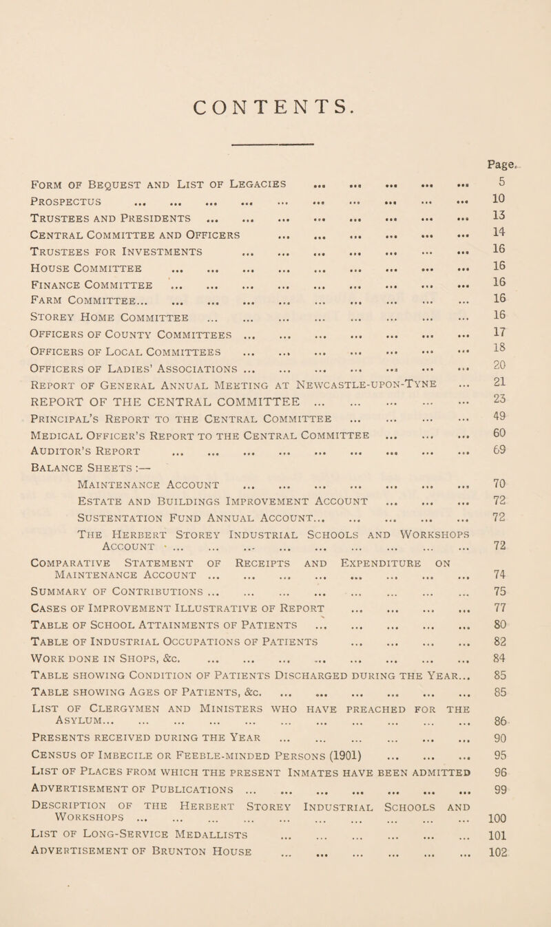 CONTENTS Form of Bequest and List of Legacies Prospectus . Trustees and Presidents . Central Committee and Officers Trustees for Investments House Committee . Finance Committee Farm Committee. Storey Home Committee . Officers of County Committees ... Officers of Local Committees Officers of Ladies’ Associations ... Report of General Annual Meeting at Newcastle-upon-Tyne REPORT OF THE CENTRAL COMMITTEE . Principal’s Report to the Central Committee . Medical Officer’s Report to the Central Committee . Auditor s Report ... ... ... ... ... ... .*• ••• Balance Sheets ;— Maintenance Account . Estate and Buildings Improvement Account . SUSTENTATION FUND ANNUAL ACCOUNT. The Herbert Storey Industrial Schools and Workshops Account • . Comparative Statement of Receipts and Expenditure on Maintenance Account. Summary of Contributions. Cases of Improvement Illustrative of Report . Table of School Attainments of Patients . Table of Industrial Occupations of Patients . Work done in Shops, &c. Table showing Condition of Patients Discharged during the Year... Table showing Ages of Patients, &c. List of Clergymen and Ministers who have preached for the Asylum. Presents received during the Year . Census of Imbecile or Feeble-minded Persons (1901) . List of Places from which the present Inmates have been admitted Advertisement of Publications. Description of the Herbert Storey Industrial Schools and Workshops. List of Long-Service Medallists . Advertisement of Brunton House . Page. 5 10 13 14 16 16 16 16 16 17 18 20 21 23 49 60 69 70 72 72 72 74 75 77 80 82 84 85 85 86 90 95 96 99 100 101 102