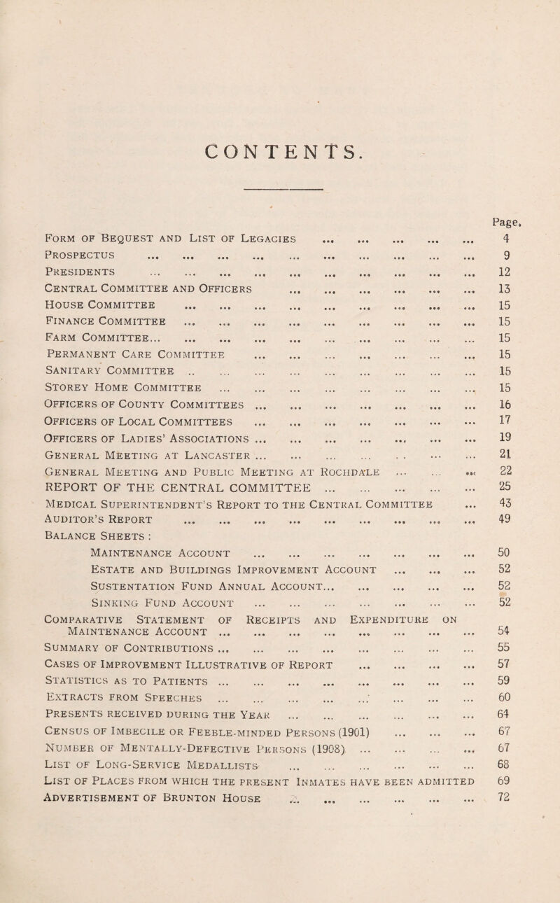 CONTENTS Form of Bequest and List of Legacies Prospectus . Presidents .... Central Committee and Officers House Committee ... ... Finance Committee Farm Committee... .. Permanent Care Committee . Sanitary Committee . Storey Home Committee . Officers of County Committees.. .. Officers of Local Committees ... Officers of Ladies’ Associations. General Meeting at Lancaster ... ... . General Meeting and Public Meeting at Rochda-le REPORT OF THE CENTRAL COMMITTEE ... Medical Superintendent’s Report to the Central Committee Auditor’s Report .. . ... Balance Sheets: Maintenance Account .. .. .. Estate and Buildings Improvement Account . Sustentation Fund Annual Account... ... .. Sinking Fund Account .... Comparative Statement of Receipts and Expenditure on Maintenance Account.. Summary of Contributions.. Cases of Improvement Illustrative of Report Statistics as to Patients.... Extracts from Speeches . .; . Presents received during the Year .. Census of Imbecile or Feeble-minded Persons (1901) . Number of Mentally-Defective Persons (1908) . List of Long-Service Medallists' . . List of Places from which the present Inmates have been admitted Advertisement of Brunton House ... . Page. 4 9 12 13 15 15 15 15 15 15 16 17 19 21 22 25 43 49 50 52 52 52 54 55 57 59 60 64 67 67 68 69 72