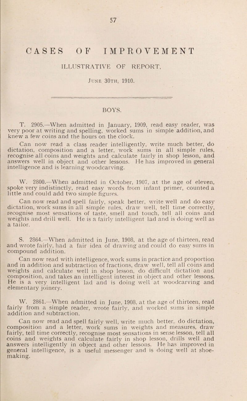 CASES OF IMPROVEMENT ILLUSTRATIVE OF REPORT, June 30th, 1910. BOYS. T. 2905.—When admitted in January, 1909, read easy reader, was very poor at writing and spelling, worked sums in simple addition, and knew a few coins and the hours on the clock. Can now read a class reader intelligently, write much better, do dictation, composition and a letter, work sums in all simple rules, recognise all coins and weights and calculate fairly in shop lesson, and answers well in object and other lessons. He has improved in general intelligence and is learning woodcarving. W. 2800.—When admitted in October, 1907, at the age of eleven, spoke very indistinctly, read easy words from infant primer, counted a little and could add two simple figures. Can now read and spell fairly, speak better, write well and do easy dictation, work sums in all simple rules, draw well, tell time correctly, recognise most sensations of taste, smell and touch, tell all coins and weights and drill well. He is a fairly intelligent lad and is doing well as a tailor. S. 2864.—When admitted in June, 1908, at the age of thirteen, read and wrote fairly, had a fair idea of drawing and could do easy sums in compound addition. Can now read with intelligence, work sums in practice and proportion and in addition and subtraction of fractions, draw well, tell all coins and weights and calculate well in shop lesson, do difficult dictation and composition, and takes an intelligent interest in object and other lessons. He is a very intelligent lad and is doing well at woodcarving and elementary joinery. W. 2861.— When admitted in June, 1908, at the age of thirteen, read fairly from a simple reader, wrote fairly, and worked sums in simple addition and subtraction. Can now read and spell fairly well, write much better, do dictation, composition and a letter, work sums in weights and measures, draw fairly, tell time correctly, recognise most sensations in sense lesson, tell all coins and weights and calculate fairly in shop lesson, drills well and answers intelligently in object and other lessons. He has improved in general intelligence, is a useful messenger and is doing well at shoe¬ making.