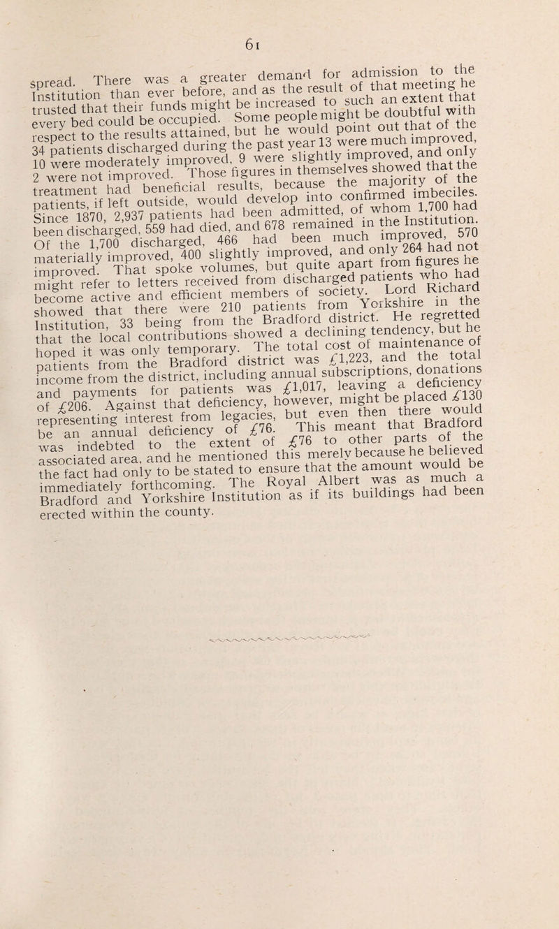 4 rpi wncl a p-reater demand for admission to the ifaililiiiliS treatment had beneficial results, because tn j 7 hTntheSf17aoTd'ischahrgeddie466anha6d8 teST^ct? improved! 570 “at naliy™mp“rg400’ subtly improved »d 2M hadno^ imoroved. That spoke volumes, but quite apart trom tiguresnu might refer to letters received from discharged patien s L become active and efficient members of society. Lord Kicna a .bowed that there were 210 patients from Yorkshire m the Institution 33 being from the Bradford district. He regretted that the local contributions showed a declining tendency, but roped ft wS only temporary. The total cost of maintenance o mtipnts front the Bradford district was ^ 1,223, anb tne xoiai Income from the district, including annual subscnprions. donations olh2kayTegiksi°ihaEildeefdencyaShmveve’r, might be placed £130 repSentingf interest from legacL, hasanindaenbtUed t^ drT^n/of “oTlher parts of the associated area and he mentioned this merely because he believed Ihftact had o6niy to be stated to e-ure that the amount would be immediately forthcoming The Royal Albert wasi as * Bradford and Yorkshire Institution as if its buildings erected within the county.