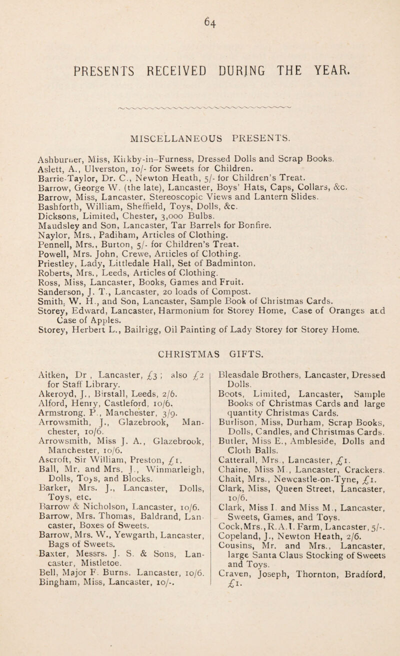 PRESENTS RECEIVED DURING THE YEAR. MISCELLANEOUS PRESENTS. Ashburaer, Miss, Kitkby-in-Furness, Dressed Dolls and Scrap Books. Aslett, A., Ulverston, io/- for Sweets for Children. Barrie-Taylor, Dr. C., Newton Heath, 5/- for Children’s Treat. Barrow, George W. (the late), Lancaster, Boys’ Hats, Caps, Collars, &c. Barrow, Miss, Lancaster, Stereoscopic Views and Lantern Slides. Bashforth, William, Sheffield, Toys, Dolls, &c. Dicksons, Limited, Chester, 3,000 Bulbs. Maudsley and Son, Lancaster, Tar Barrels for Bonfire. Naylor, Mrs., Padiham, Articles of Clothing. Pennell, Mrs., Burton, 5/- for Children’s Treat. Powell, Mrs. John, Crewe, Articles of Clothing. Priestley, Lady, Littledale Hall, Set of Badminton, Roberts, Mrs., Leeds, Articles of Clothing. Ross, Miss, Lancaster, Books, Games and Fruit. Sanderson, J. T., Lancaster, 20 loads of Compost. Smith. W. H., and Son, Lancaster, Sample Book of Christmas Cards. Storey, Edward, Lancaster, Harmonium for Storey Home, Case of Oranges at.d Case of Apples. Storey, Herbert L., Bailrigg, Oil Painting of Lady Storey for Storey Home. CHRISTMAS GIFTS. Bleasdale Brothers, Lancaster, Dressed Dolls. Boots, Limited, Lancaster, Sample Books of Christmas Cards and large quantity Christmas Cards. Burlison, Miss, Durham, Scrap Books, Dolls, Candles, and Christmas Cards. Butler, Miss E., Ambleside, Dolls and Cloth Balls. Catterall, Mrs., Lancaster, £1. Chaine, Miss M., Lancaster, Crackers. Chait, Mrs., Newcastle-on-Tyne, £1. Clark, Miss, Queen Street, Lancaster, 10/6. Clark, Miss I. and Miss M., Lancaster, Sweets, Games, and Toys. Cock,Mrs., R. A.I. Farm, Lancaster, 5/-. Copeland, J., Newton Heath, 2/6. Cousins, Mr. and Mrs., Lancaster, large Santa Claus Stocking of Sweets and Toys. Craven, Joseph, Thornton, Bradford, Aitken, Dr , Lancaster, £3 ; also £2 for Staff Library. Akeroyd, J., Birstall, Leeds, 2/6. Alford, Henry, Castleford, 10/6. Armstrong. P., Manchester, 3/9. Arrowsmith, J., Glazebrook, Man¬ chester, 10/6. Arrowsmith, Miss J. A., Glazebrook, Manchester, 10/6. Ascroft, Sir William, Preston, £1. Ball, Mr, and Mrs. J., Winmarleigh, Dolls, To)S, and Blocks. Barker, Mrs. J., Lancaster, Dolls, Toys, etc. Barrow & Nicholson, Lancaster, 10/6. Barrow, Mrs. Thomas, Baldrand, Lan¬ caster, Boxes of Sweets. Barrow, Mrs. W., Yewgarth, Lancaster, Bags of Sweets. Baxter, Messrs. J. S. & Sons, Lan¬ caster, Mistletoe. Bell, Major F. Burns. Lancaster, 10/6. Bingham, Miss, Lancaster, 10/-.