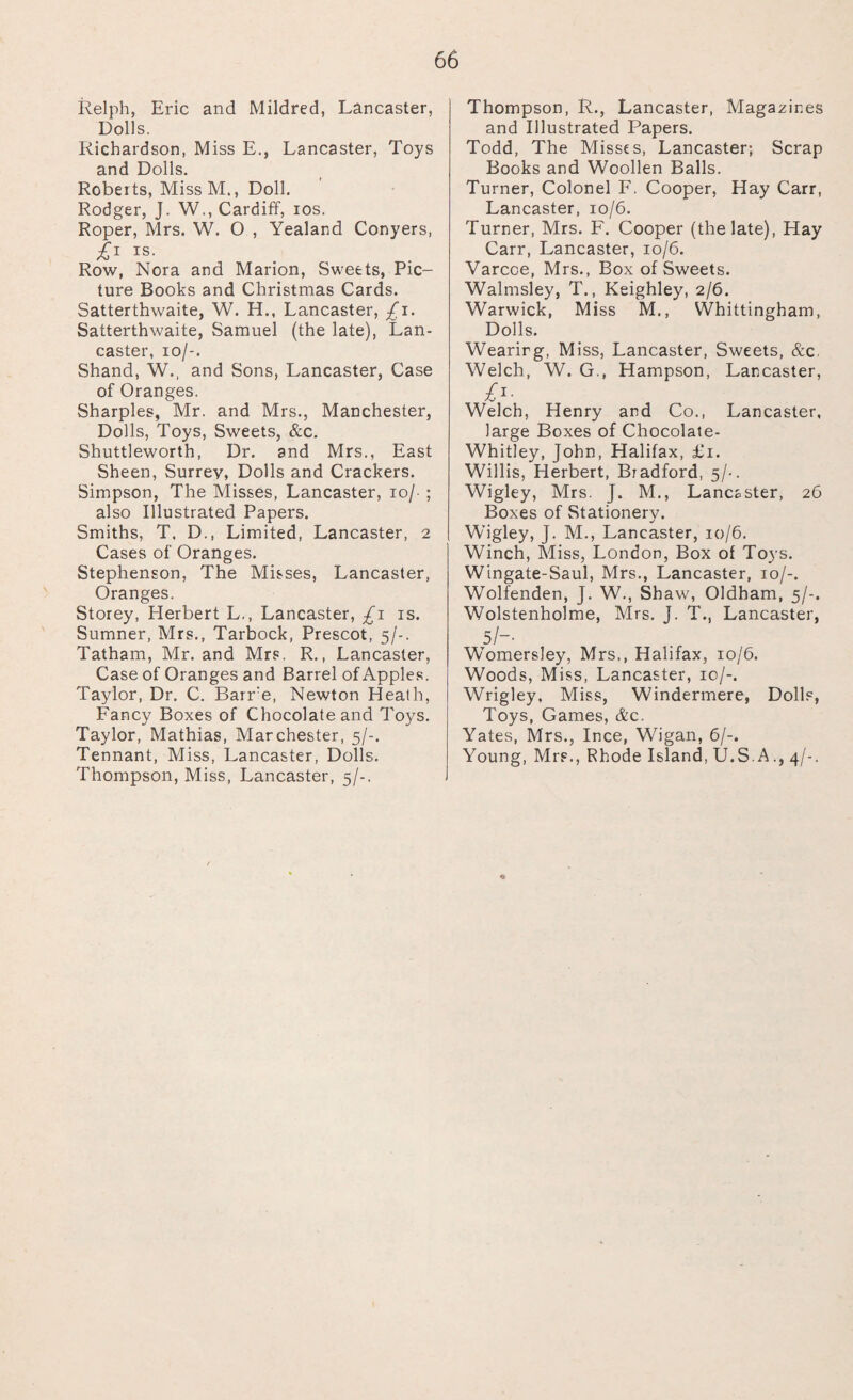 Relph, Eric and Mildred, Lancaster, Dolls. Richardson, Miss E., Lancaster, Toys and Dolls. Roberts, MissM., Doll. Rodger, J. W., Cardiff, ios. Roper, Mrs. W. O , Yealand Conyers, £i is. Row, Nora and Marion, Sweets, Pic¬ ture Books and Christmas Cards. Satterthwaite, W. H., Lancaster, £1. Satterthwaite, Samuel (the late), Lan¬ caster, io/-. Shand, W., and Sons, Lancaster, Case of Oranges. Sharpies, Mr. and Mrs., Manchester, Dolls, Toys, Sweets, &c. Shuttleworth, Dr. and Mrs., East Sheen, Surrey, Dolls and Crackers. Simpson, The Misses, Lancaster, io/- ; also Illustrated Papers. Smiths, T, D., Limited, Lancaster, 2 Cases of Oranges. Stephenson, The Misses, Lancaster, Oranges. Storey, Herbert L., Lancaster, £1 is. Sumner, Mrs., Tarbock, Prescot, 5/-. Tatham, Mr. and Mrs. R., Lancaster, Case of Oranges and Barrel of Apples. Taylor, Dr. C. Barre, Newton Heath, Fancy Boxes of Chocolate and Toys. Taylor, Mathias, Marchester, 5/-. Tennant, Miss, Lancaster, Dolls. Thompson, Miss, Lancaster, 5/-. Thompson, R., Lancaster, Magazines and Illustrated Papers. Todd, The Misses, Lancaster; Scrap Books and Woollen Balls. Turner, Colonel F. Cooper, Hay Carr, Lancaster, 10/6. Turner, Mrs. F. Cooper (the late), Hay Carr, Lancaster, 10/6. Varcce, Mrs., Box of Sweets. Walmsley, T., Keighley, 2/6. Warwick, Miss M., Whittingham, Dolls. Wearing, Miss, Lancaster, Sweets, &c Welch, W. G., Hampson, Lancaster, £'■ Welch, Henry and Co., Lancaster, large Boxes of Chocolate- Whitley, John, Halifax, £1. Willis, Herbert, Bradford, 5/-. Wigley, Mrs. J. M., Lancaster, 26 Boxes of Stationery. Wigley, J. M., Lancaster, 10/6. Winch, Miss, London, Box of Toys. Wingate-Saul, Mrs., Lancaster, 10/-. Wolfenden, J. W., Shaw, Oldham, 5/-. Wolstenholme, Mrs. J. T., Lancaster, 5 /“• Womersley, Mrs,, Halifax, 10/6. Woods, Miss, Lancaster, 10/-. Wrigley, Miss, Windermere, Dolls, Toys, Games, &c. Yates, Mrs., Ince, Wigan, 6/-. Young, Mrs., Rhode Island, U.S.A., 4/-.