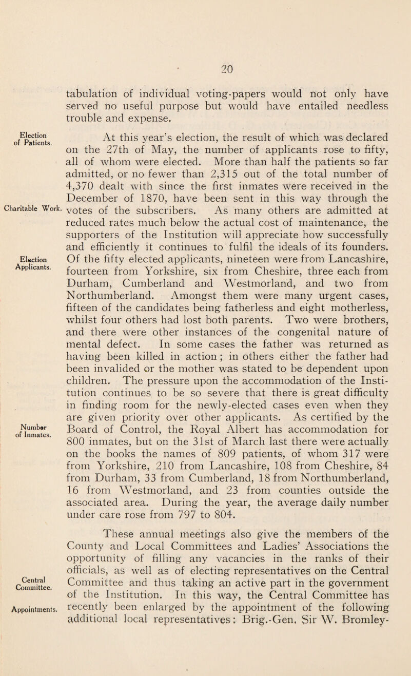 Election of Patients Charitable Work. Election Applicants Number of Inmates, Central Committee, Appointments. tabulation of individual voting-papers would not only have served no useful purpose but would have entailed needless trouble and expense. At this year’s election, the result of which was declared on the 27th of May, the number of applicants rose to fifty, all of whom were elected. More than half the patients so far admitted, or no fewer than 2,315 out of the total number of 4,370 dealt with since the first inmates were received in the December of 1870, have been sent in this way through the votes of the subscribers. As many others are admitted at reduced rates much below the actual cost of maintenance, the supporters of the Institution will appreciate how successfully and efficiently it continues to fulfil the ideals of its founders. Of the fifty elected applicants, nineteen were from Lancashire, fourteen from Yorkshire, six from Cheshire, three each from Durham, Cumberland and Westmorland, and two from Northumberland. Amongst them were many urgent cases, fifteen of the candidates being fatherless and eight motherless, whilst four others had lost both parents. Two were brothers, and there were other instances of the congenital nature of mental defect. In some cases the father was returned as having been killed in action ; in others either the father had been invalided or the mother was stated to be dependent upon children. The pressure upon the accommodation of the Insti¬ tution continues to be so severe that there is great difficulty in finding room for the newly-elected cases even when they are given priority over other applicants. As certified by the Board of Control, the Royal Albert has accommodation for 800 inmates, but on the 31st of March last there were actually on the books the names of 809 patients, of whom 317 were from Yorkshire, 210 from Lancashire, 108 from Cheshire, 84 from Durham, 33 from Cumberland, 18 from Northumberland, 16 from Westmorland, and 23 from counties outside the associated area. During the year, the average daily number under care rose from 797 to 804. These annual meetings also give the members of the County and Local Committees and Ladies’ Associations the opportunity of filling any vacancies in the ranks of their officials, as well as of electing representatives on the Central Committee and thus taking an active part in the government of the Institution. In this way, the Central Committee has recently been enlarged by the appointment of the following additional local representatives: Brig.-Gen, Sir W. Bromley-