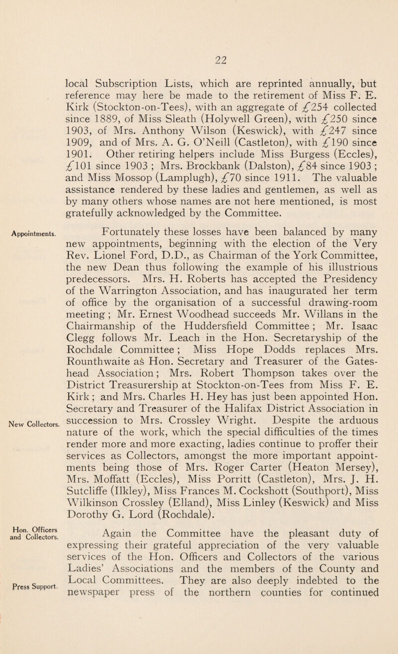 Appointments. New Collectors. Hon. Officers and Collectors. Press Support. local Subscription Lists, which are reprinted annually, but reference may here be made to the retirement of Miss F. E. Kirk (Stockton-on-Tees), with an aggregate of £25\ collected since 1889, of Miss Sleath (Holywell Green), with £250 since 1903, of Mrs. Anthony Wilson (Keswick), with £2M since 1909, and of Mrs. A. G. O’Neill (Castleton), with ^190 since 1901. Other retiring helpers include Miss Burgess (Eccles), £101 since 1903 ; Mrs. Brockbank (Dalston), /*84 since 1903 ; and Miss Mossop (Lamplugh), £20 since 1911. The valuable assistance rendered by these ladies and gentlemen, as well as by many others whose names are not here mentioned, is most gratefully acknowledged by the Committee. Fortunately these losses have been balanced by many new appointments, beginning with the election of the Very Rev. Lionel Ford, D.D., as Chairman of the York Committee, the new Dean thus following the example of his illustrious predecessors. Mrs. H. Roberts has accepted the Presidency of the Warrington Association, and has inaugurated her term of office by the organisation of a successful drawing-room meeting ; Mr. Ernest Woodhead succeeds Mr. Willans in the Chairmanship of the Huddersfield Committee ; Mr. Isaac Clegg follows Mr. Leach in the Hon. Secretaryship of the Rochdale Committee; Miss Hope Dodds replaces Mrs. Rounthwaite as Hon. Secretary and Treasurer of the Gates¬ head Association; Mrs. Robert Thompson takes over the District Treasurership at Stockton-on-Tees from Miss F. E. Kirk ; and Mrs. Charles H. Hey has just been appointed Hon. Secretary and Treasurer of the Halifax District Association in succession to Mrs. Crossley Wright. Despite the arduous nature of the work, which the special difficulties of the times render more and more exacting, ladies continue to proffer their services as Collectors, amongst the more important appoint¬ ments being those of Mrs. Roger Carter (Heaton Mersey), Mrs. Moffatt (Eccles), Miss Porritt (Castleton), Mrs. J. H. Sutcliffe (Ilkley), Miss Frances M. Cockshott (Southport), Miss Wilkinson Crossley (Elland), Miss Linley (Keswick) and Miss Dorothy G. Lord (Rochdale). Again the Committee have the pleasant duty of expressing their grateful appreciation of the very valuable services of the Hon. Officers and Collectors of the various Ladies’ Associations and the members of the County and Local Committees. They are also deeply indebted to the newspaper press of the northern counties for continued