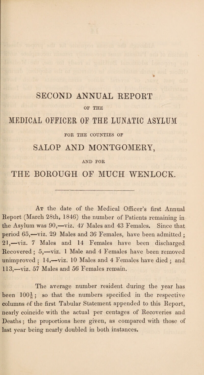 SECOND ANNUAL REPORT OF THE MEDICAL OFFICER OF THE LUNATIC ASYLUM FOR THE COUNTIES OF SALOP AND MONTGOMERY, AND FOR THE BOROUGH OF MUCH WENLOCK. At the date of the Medical Officer’s first Annual Report (March 28th, 1846) the number of Patients remaining in the Asylum was 90,—viz. 47 Males and 43 Females. Since that period 65,—viz. 29 Males and 36 Females, have been admitted ; 21,—viz. 7 Males and 14 Females have been discharged Recovered; 5,—viz. 1 Male and 4 Females have been removed unimproved ; 14,——viz. 10 Males and 4 Females have died ; and 113,—viz. 57 Males and 56 Females remain. The average number resident during the year has been 100J; so that the numbers specified in the respective columns of the first Tabular Statement appended to this Report, nearly coincide with the actual per centages of Recoveries and Deaths; the proportions here given, as compared with those of last year being nearly doubled in both instances.