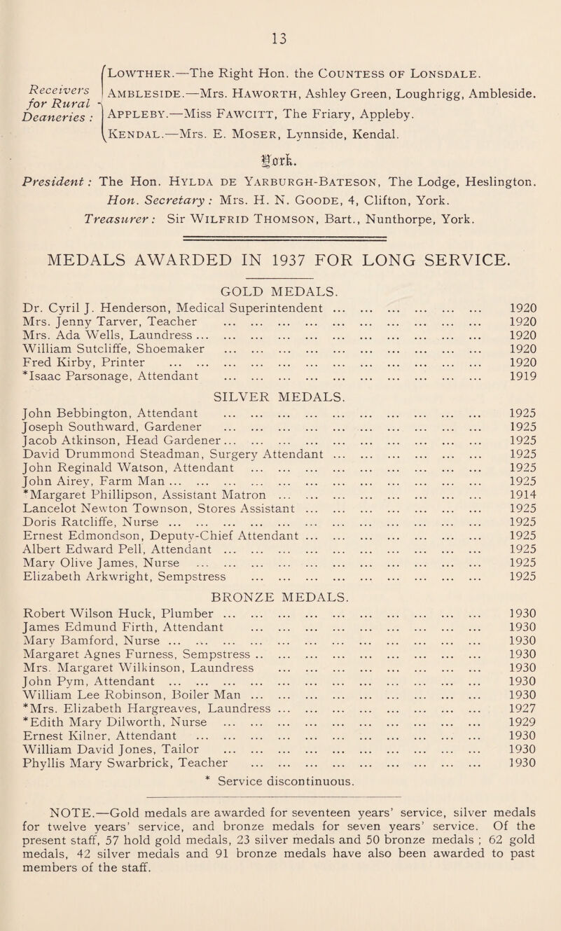 (Lowther.—The Right Hon. the Countess of Lonsdale. Receivers j Ambleside.—Mrs. Haworth, Ashley Green, Loughrigg, Ambleside. for Rural Deaneries : Appleby.—Miss Fawcitt, The Friary, Appleby. ^Kendal.—Mrs. E. Moser, Lynnside, Kendal. President: The Hon. Hylda de Yarburgh-Bateson, The Lodge, Heslington. Hon. Secretary: Mrs. H. N, Goode, 4, Clifton, York. Treasurer: Sir Wilfrid Thomson, Bart., Nunthorpe, York. MEDALS AWARDED IN 1937 FOR LONG SERVICE. GOLD MEDALS. Dr. Cyril J. Henderson, Medical Superintendent. 1920 Mrs. Jenny Tarver, Teacher . 1920 Mrs. Ada Wells, Laundress. 1920 William Sutcliffe, Shoemaker . 1920 Fred Kirby, Printer . 1920 *Isaac Parsonage, Attendant . 1919 SILVER MEDALS. John Bebbington, Attendant . 1925 Joseph Southward, Gardener . 1925 Jacob Atkinson, Head Gardener. 1925 David Drummond Steadman, Surgery Attendant. 1925 John Reginald Watson, Attendant . 1925 John Airey, Farm Man. 1925 ^Margaret Phillipson, Assistant Matron .. . 1914 Lancelot Newton Townson, Stores Assistant . 1925 Doris Ratcliffe, Nurse. 1925 Ernest Edmondson, Deputy-Chief Attendant. 1925 Albert Edward Pell, Attendant . 1925 Mary Olive James, Nurse . 1925 Elizabeth Arkwright, Sempstress . 1925 BRONZE MEDALS. Robert Wilson Huck, Plumber. 1930 James Edmund Firth, Attendant . 1930 Mary Bamford, Nurse. 1930 Margaret Agnes Furness, Sempstress. 1930 Mrs. Margaret Wilkinson, Laundress . 1930 John Pym, Attendant . 1930 William Lee Robinson, Boiler Man. 1930 *Mrs. Elizabeth Hargreaves, Laundress. 1927 * Edith Mary Dilworth, Nurse . 1929 Ernest Kilner, Attendant . 1930 William David Jones, Tailor . 1930 Phyllis Mary Swarbrick, Teacher . 1930 * Service discontinuous. NOTE.—Gold medals are awarded for seventeen years’ service, silver medals for twelve years’ service, and bronze medals for seven years’ service. Of the present staff, 57 hold gold medals, 23 silver medals and 50 bronze medals ; 62 gold medals, 42 silver medals and 91 bronze medals have also been awarded to past members of the staff.