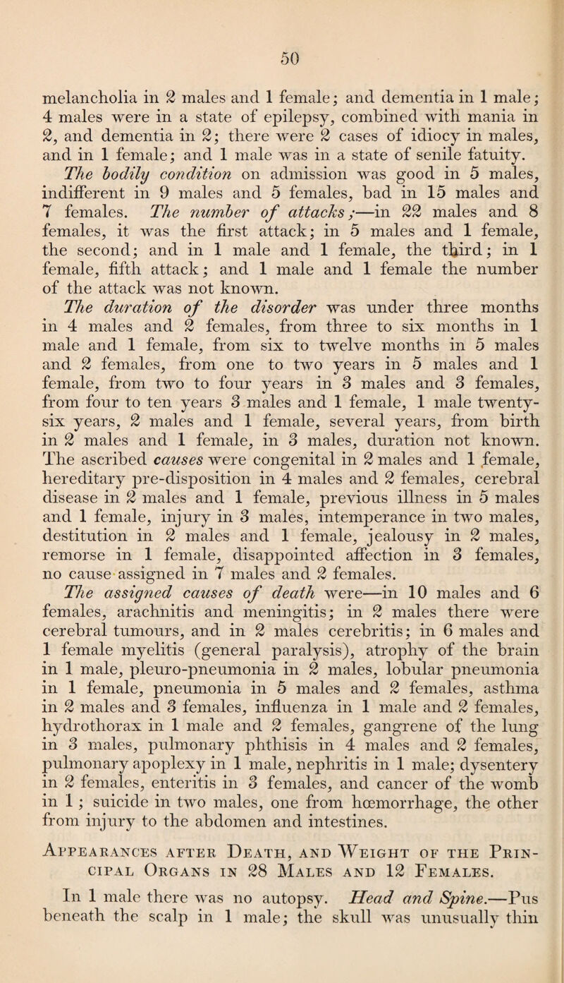 melancholia in 2 males and 1 female; and dementia in 1 male; 4 males were in a state of epilepsy, combined with mania in 2, and dementia in 2; there were 2 cases of idiocy in males, and in 1 female; and 1 male was in a state of senile fatuity. The bodily condition on admission was good in 5 males, indifferent in 9 males and 5 females, bad in 15 males and 7 females. The number of attacks;—in 22 males and 8 females, it was the first attack; in 5 males and 1 female, the second; and in 1 male and 1 female, the third; in 1 female, fifth attack; and 1 male and 1 female the number of the attack was not known. The duration of the disorder was under three months in 4 males and 2 females, from three to six months in 1 male and 1 female, from six to twelve months in 5 males and 2 females, from one to two years in 5 males and 1 female, from two to four years in 3 males and 3 females, from four to ten years 3 males and 1 female, 1 male twenty- six years, 2 males and 1 female, several years, from birth in 2 males and 1 female, in 3 males, duration not known. The ascribed causes were congenital in 2 males and 1 female, hereditary pre-disposition in 4 males and 2 females, cerebral disease in 2 males and 1 female, previous illness in 5 males and 1 female, injury in 3 males, intemperance in two males, destitution in 2 males and 1 female, jealousy in 2 males, remorse in 1 female, disappointed affection in 3 females, no cause assigned in 7 males and 2 females. The assigned causes of death were—in 10 males and 6 females, arachnitis and meningitis; in 2 males there were cerebral tumours, and in 2 males cerebritis; in 6 males and 1 female myelitis (general paralysis), atrophy of the brain in 1 male, pleuro-pneumonia in 2 males, lobular pneumonia in 1 female, pneumonia in 5 males and 2 females, asthma in 2 males and 3 females, influenza in 1 male and 2 females, hydrothorax in 1 male and 2 females, gangrene of the lung in 3 males, pulmonary phthisis in 4 males and 2 females, pulmonary apoplexy in 1 male, nephritis in 1 male; dysentery in 2 females, enteritis in 3 females, and cancer of the womb in 1 ; suicide in two males, one from hcemorrhage, the other from injury to the abdomen and intestines. Appearances after Death, and Weight of the Prin¬ cipal Organs in 28 Males and 12 Females. In 1 male there was no autopsy. Head and Spine.—Pus beneath the scalp in 1 male; the skull was unusually thin