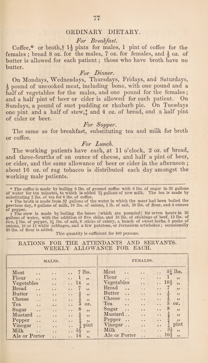 ORDINARY DIETARY. For Breakfast. Coffee,^ or broth,f lj pints for males, 1 pint of coffee for the females ; bread 8 oz. for the males, 7 oz. for females, and \ oz. of butter is allowed for each patient; those who have broth have no butter. For Dinner. On Mondays, Wednesdays, Thursdays, Fridays, and Saturdays, i pound of uncooked meat, including bone, with one pound and a half of vegetables for the males, and one pound for the females ; and a half pint of beer or cider is allowed for each patient. On Sundays, a pound of suet pudding or rhubarb pie. On Tuesdays one pint and a half of stew,J and 4 oz. of bread, and a half pint of cider or beer. For Supper. The same as for breakfast, substituting tea and milk for broth or coffee. For Lunch. The working patients have each, at 11 o’clock, 2 oz. of bread, and three-fourths of an ounce of cheese, and half a pint of beer, or cider, and the same allowance of beer or cider in the afternoon ; about 16 oz. of rag tobacco is distributed each day amongst the working male patients. * The coffee is made by boiling 6 lbs. of ground coffee ■with 6 lbs. of sugar in 32 gallons of water for ten minutes, to which is added gallons of new milk. The tea is made by substituting 2 lbs. of tea for 6 lbs. of coffee. -j- The broth is made from 32 gallons of the water in which the meat had been boiled the previous day, 8 gallons of milk, 10 lbs. of onions, 1 lb. of salt, 20 lbs. of flour, and 4 ounces of pepper. t The stew is made by boiling the bones (which are pounded) for seven hours in 36 gallons of water, with the addition of five shins, and 16 lbs. of stickings of beef, 12 lbs. of rice, f lbs. of pepper, 2J lbs. of salt, 6 sticks of celery, a bunch of sweet herbs, 3 pecks of onions, 10 or 15 white cabbages, and a few potatoes, or Jerusalem artichokes ; occasionally 30 lbs. of flour is added. This quantity is sufficient for 400 persons. RATIONS FOR THE ATTENDANTS AND SERVANTS. WEEKLY ALLOWANCE FOR EACH. MALES. FEMALES. Meat 7 lbs. Meat ., .. lbs. Flour 1 „ Flour .. ., .. 1 ,, Yegetables 14 „ Vegetables .. .. 10§ ,, Bread 7 „ Bread .. .. .. 7 >> Butter 1 2 >> Butter ., ., • • i >> Cheese 1 2 M Cheese .. .. .. | ,, Tea 3 oz. Tea .3 oz. Sugar 8 „ Sugar .. .. .. 8 ,, Mustard .. 1 2 >> Mustard.. .. .. \ >, Pepper 1 4> 99 Pepper .. .. •. I >> Vinegar i pint Vinegar .. .. .. i pint Milk H „ Milk .. .. ,, Ale or Porter 14 „ Ale or Porter .. .. 10| ,,