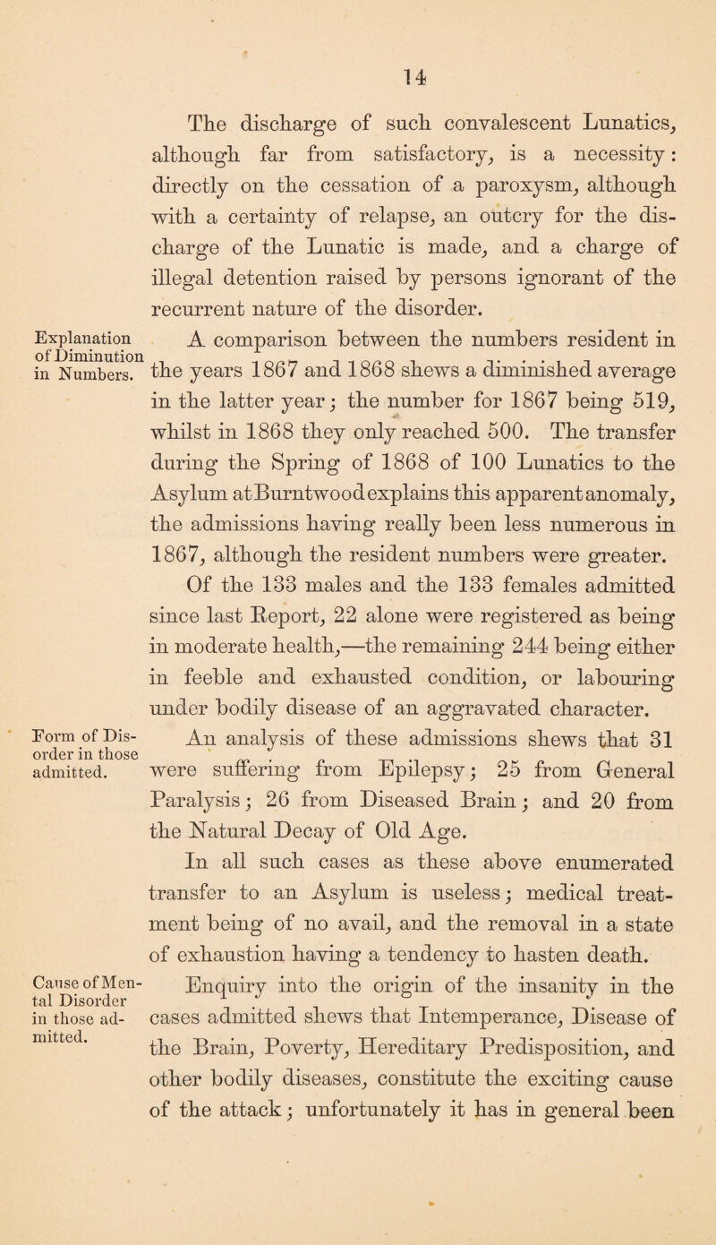 Explanation of Diminution in Numbers. Eorm of Dis¬ order in those admitted. Cause of Men¬ tal Disorder in those ad¬ mitted. The discharge of such convalescent Lunatics, although far from satisfactory, is a necessity: directly on the cessation of a paroxysm, although with a certainty of relapse, an outcry for the dis¬ charge of the Lunatic is made, and a charge of illegal detention raised by persons ignorant of the recurrent nature of the disorder. A comparison between the numbers resident in the years 1867 and 1868 shews a diminished average in the latter year; the number for 1867 being 519, whilst in 1868 they only reached 500. The transfer during the Spring of 1868 of 100 Lunatics to the Asylum at Burntwood explains this apparent anomaly, the admissions having really been less numerous in 1867, although the resident numbers were greater. Of the 133 males and the 133 females admitted since last Report, 22 alone were registered as being in moderate health,—the remaining 244 being either in feeble and exhausted condition, or labouring under bodily disease of an aggravated character. An analysis of these admissions shews that 31 were suffering from Epilepsy; 25 from General Paralysis; 26 from Diseased Brain; and 20 from the Natural Decay of Old Age. In all such cases as these above enumerated transfer to an Asylum is useless; medical treat¬ ment being of no avail, and the removal in a state of exhaustion having a tendency to hasten death. Enquiry into the origin of the insanity in the cases admitted shews that Intemperance, Disease of the Brain, Poverty, Hereditary Predisposition, and other bodily diseases, constitute the exciting cause of the attack; unfortunately it has in general been