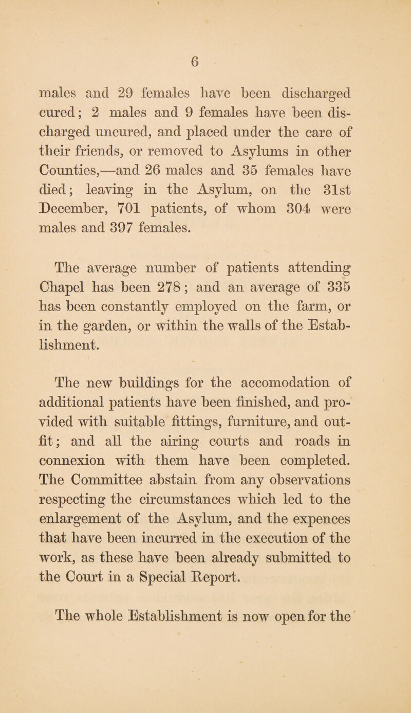 males and 29 females have been discharged cured; 2 males and 9 females have been dis¬ charged uncured, and placed under the care of their friends, or removed to Asylums in other Counties,—and 26 males and 35 females have died; leaving in the Asylum, on the 31st December, 701 patients, of whom 301 were males and 397 females. The average number of patients attending Chapel has been 278; and an average of 335 has been constantly employed on the farm, or in the garden, or within the walls of the Estab¬ lishment. The new buildings for the accomodation of additional patients have been finished, and pro¬ vided with suitable fittings, furniture, and out¬ fit; and all the airing courts and roads in connexion with them have been completed. The Committee abstain from any observations respecting the circumstances which led to the enlargement of the Asylum, and the expences that have been incurred in the execution of the work, as these have been already submitted to the Court in a Special Deport. The whole Establishment is now open for the