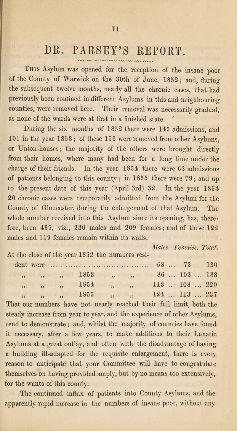DR. PARSEY^S REPORT This Asylum was opened for the reception of the insane poor of the County of Warwick on the 30th of June, 1852; and, during the subsequent twelve months, nearly all the chronic cases, that had pre^dously been confined in different Asylums in this and neighbouring counties, were removed here. Their removal was necessarily gradual, as none of the wards were at first in a finished state. During the six months of 1852 there were 145 admissions, and 101 in the year 1853 ; of these 156 were removed from other Asylums, or Union-houses ; the majority of the others were brought directly from their homes, where many had been for a long time under the charge of their friends. In the year 1854 there were 62 admissions of patients belonging to this county; in 1855 there were 79; and up to the present date of this year (April 3rd) 32. In the year 1854 20 chronic cases were temporarily admitted from the Asylum for the County of Gloucester, during the enlargement of that Asylum. The whole number received into this Asylum since its opening, has, there¬ fore, been 439, viz., 230 males and 209 females; and of these 122 males and 119 females remain within its walls. Males, Females, Total, At the close of the year 1852 the numbers resi¬ dent were . 58 ... 72 ... 130 86 ... 102 ... 188 112 ... 108 ... 220 124 ... 113 ... 237 That our numbers have not nearly reached their full limit, both the steady increase from year to year, and the experience of other Asylums, tend to demonstrate; and, whilst the majority of counties have found it necessary, after a few years, to make additions to their Lunatic Asylums at a great outlay, and often with the disadvantage of having a building ill-adapted for the requisite enlargement, there is every reason to anticipate that your Committee will have to congratulate themselves on having provided amply, but by no means too extensively, for the wants of this county. The continued influx of patients into County Asylums, and the apparently rapid increase in the numbers of insane poor, without any